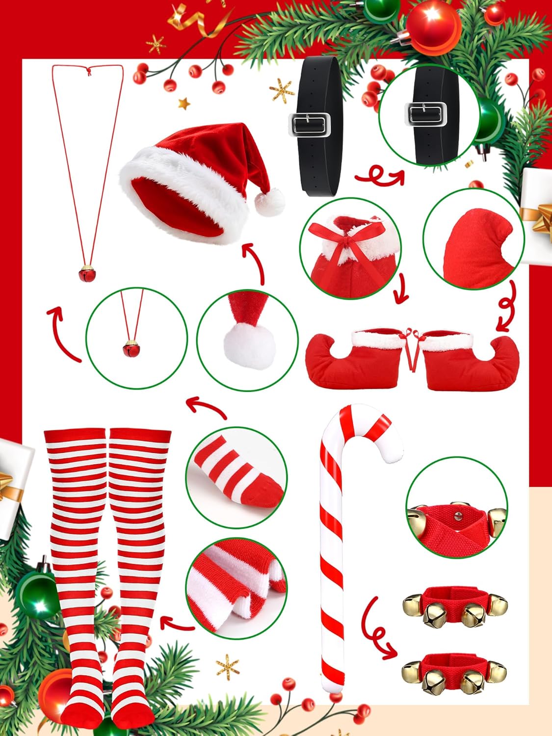 9pcs Women Christmas Santa Claus Costume Mrs Claus Velvet Dress with Belt Striped Knee Socks Hat Gloves Elf Shoes - Image 5