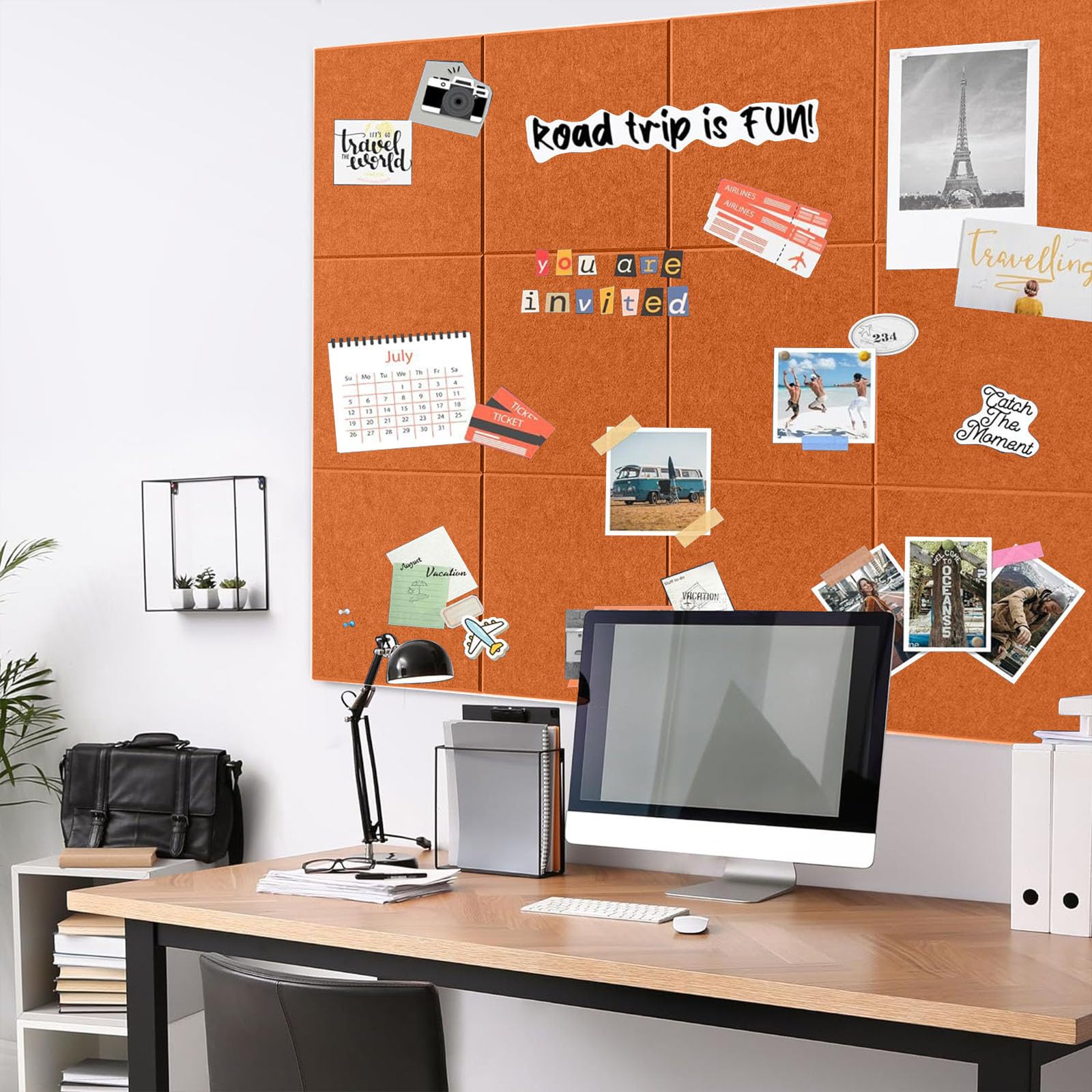 Pinnwand Groß 120x90cm Pinnwand Filz Selbstklebend mit 90 Reißzwecken, 12 Stück 9mm Dick Pinwand,Vision Board für Fotos, Notiz Memoboard für Zuhause Küche Büro Schule，Honigorange