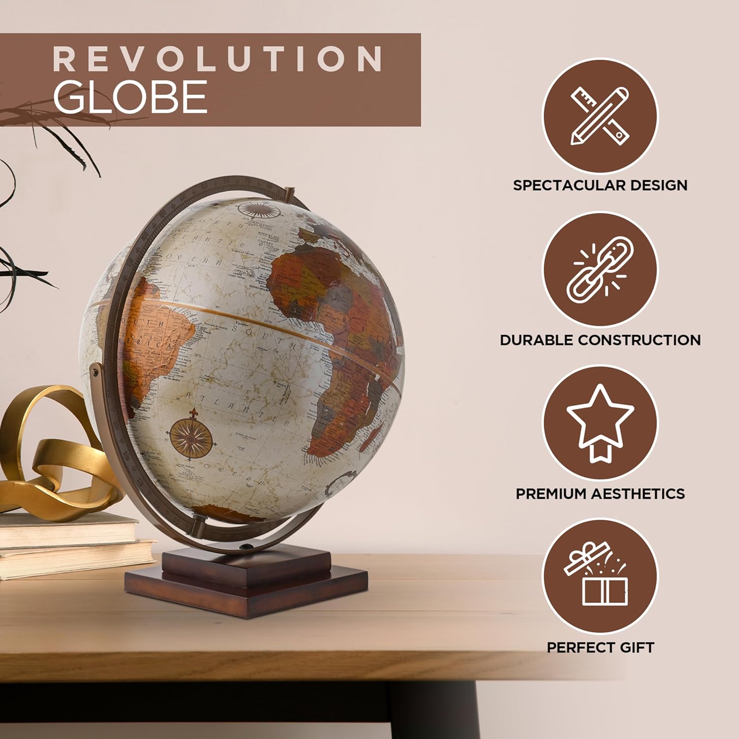 Waypoint Geographic Revolution Globe, 12” Diameter Desktop World Globe, Gyromatic Full-Swing Movement, Decorative For Home or Office Decor, Bronze Metallic