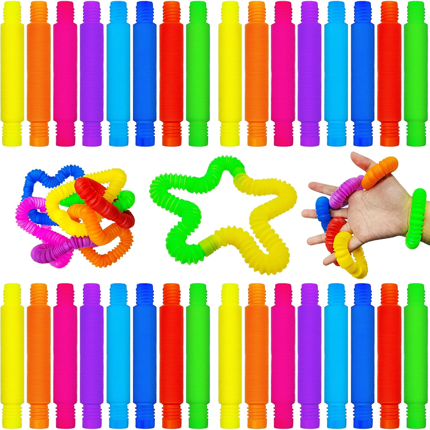 36 Pack Mini Pop Tubes Fidget Toy Sensory Stress Relief Toys for Kids Fun Stretch Tubes Bulk for Classroom,Party Favors Toys for Toddlers(8 Colors)