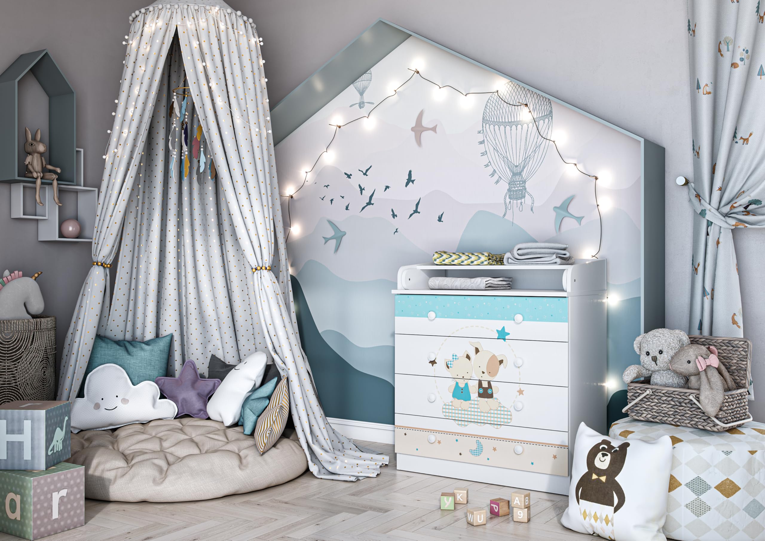 Shefa Kids Cómoda Cambiador Bebé con 4 Cajones y Superficie Plegable, Mueble Cambiador Infantil de Madera Aglomerada, Blanco, 80x48x92 cm