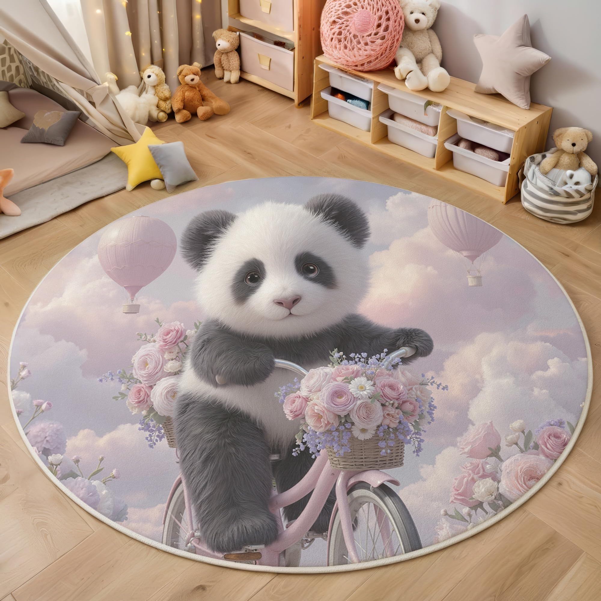 Tapis rond panda et montgolfière rose pour créer un coin de jeu douillet dans le salon