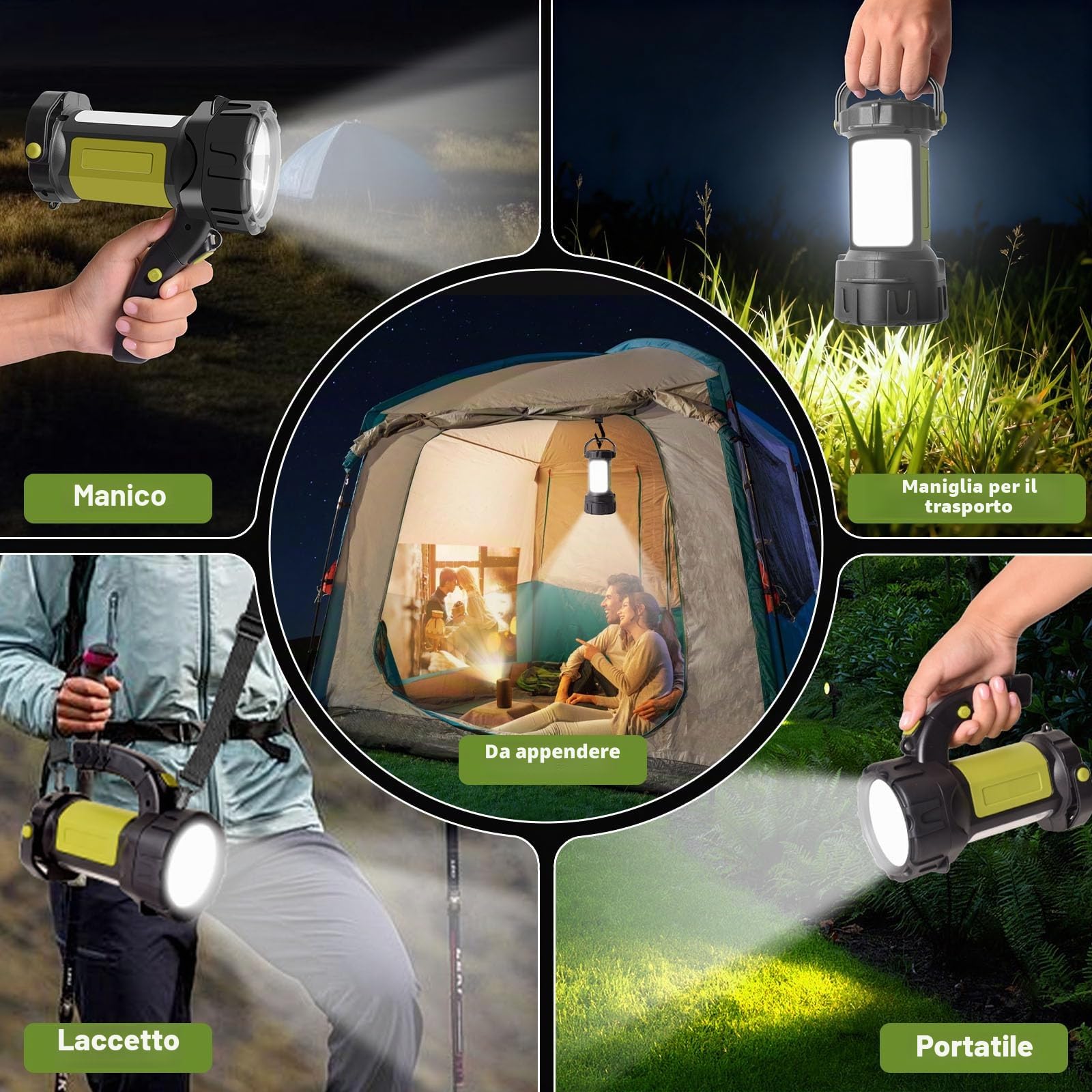Torcia LED ricaricabile, con luce laterale, 3000 LM, 6 modalità | 2400 mAh, impugnatura girevole, IP67, indicatore di carica, adatta per escursionismo, emergenze, campeggio