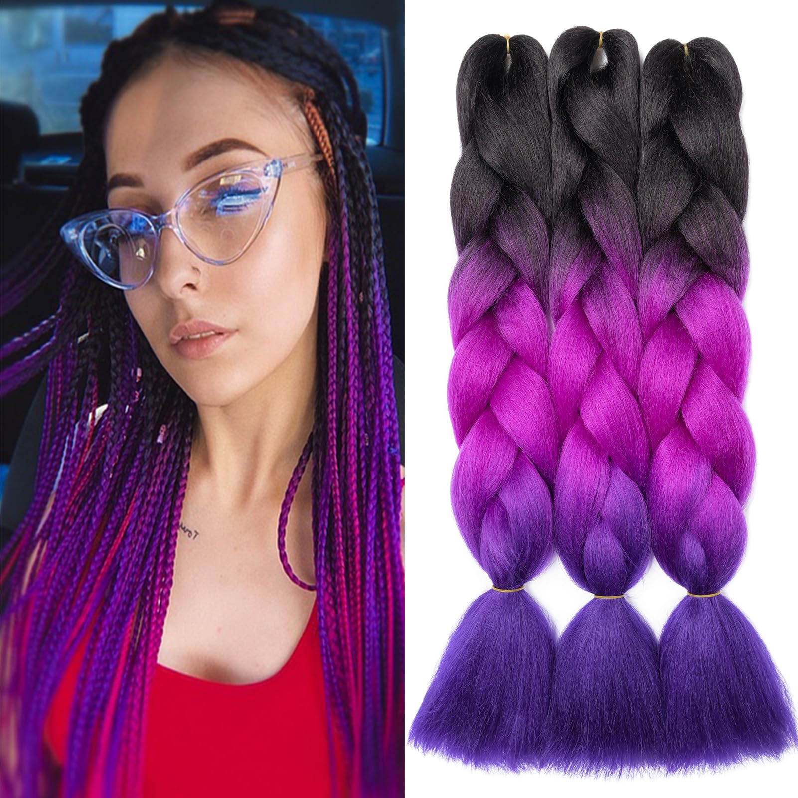 Dcbaboo Extensiones para Trenzas Africanas 60cm Pelo para Trenzas Africanas 3PCS Kanekalon Ombre Extensiones de Pelo Sintético para Trenzas Postizas Trenzado de Extensiones 300g, Negro & Fucsia & Azul