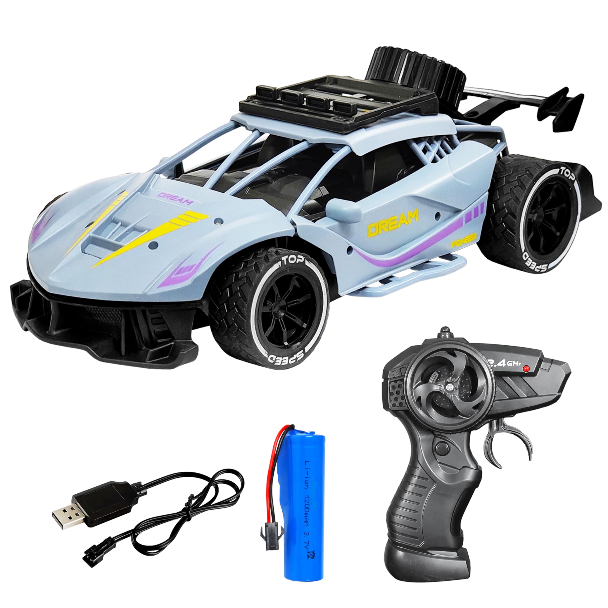 VGRASSP Rechargeable Racing Car Toy for Kids with 2.4 GHz Long Range Remote Control - 1:16 Scale Joystick RC Sports Vehicle (Grey)