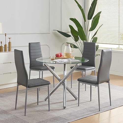 Juego de comedor redondo de cristal de 5 piezas para 4 personas, mesa de comedor de cristal con 4 sillas de piel sintética para comedor, Podría