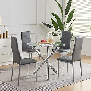 Round Glass Dining Set 5-Piece Round Kitchen Table & Chairs for 4, Glass Dining Table with 4 Faux Leather Chairs for Dining Dinette/Apartment/Small Space (Could Gray, 5-PCS Set)