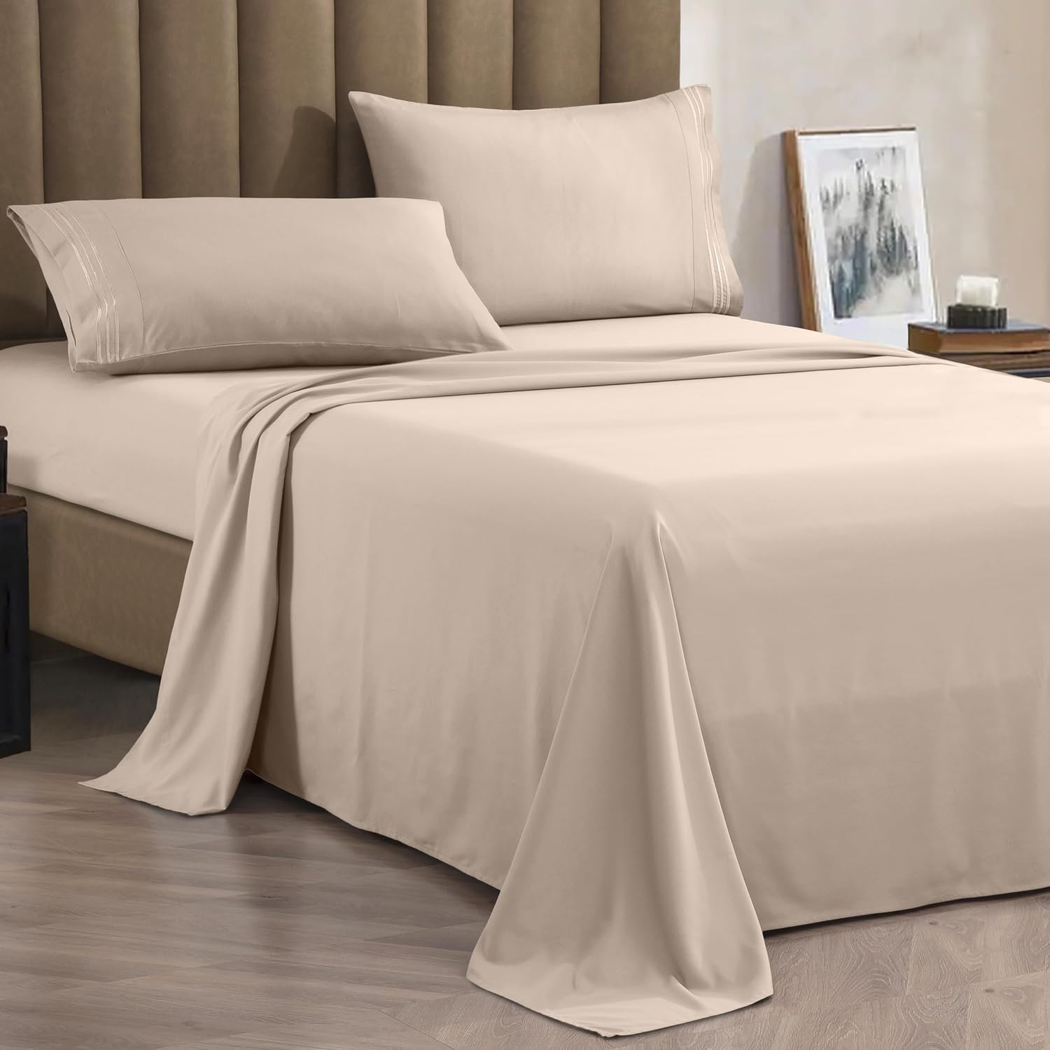 CELINE LINEN Premium 1800 Hotel Quality Wrinkle-Resistant 4-Piece Microfiber Sheet Set - Luxury Ultra Soft and Breathable Bedding 16 Inch Deep Pocket 4PC Sheet Set, King, Cream