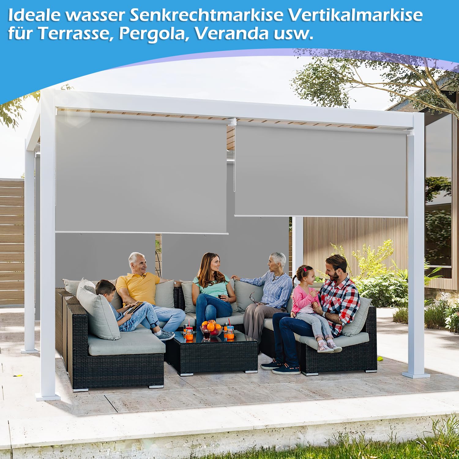 Ikodm Senkrechtmarkise außen 140 x 140 cm, Balkon Markise, Außenrollo markisen fur Balkon, Beschattung und Sichtschutz Balkonmarkisen, Vertikalmarkise, Innenbeschattung, Grau