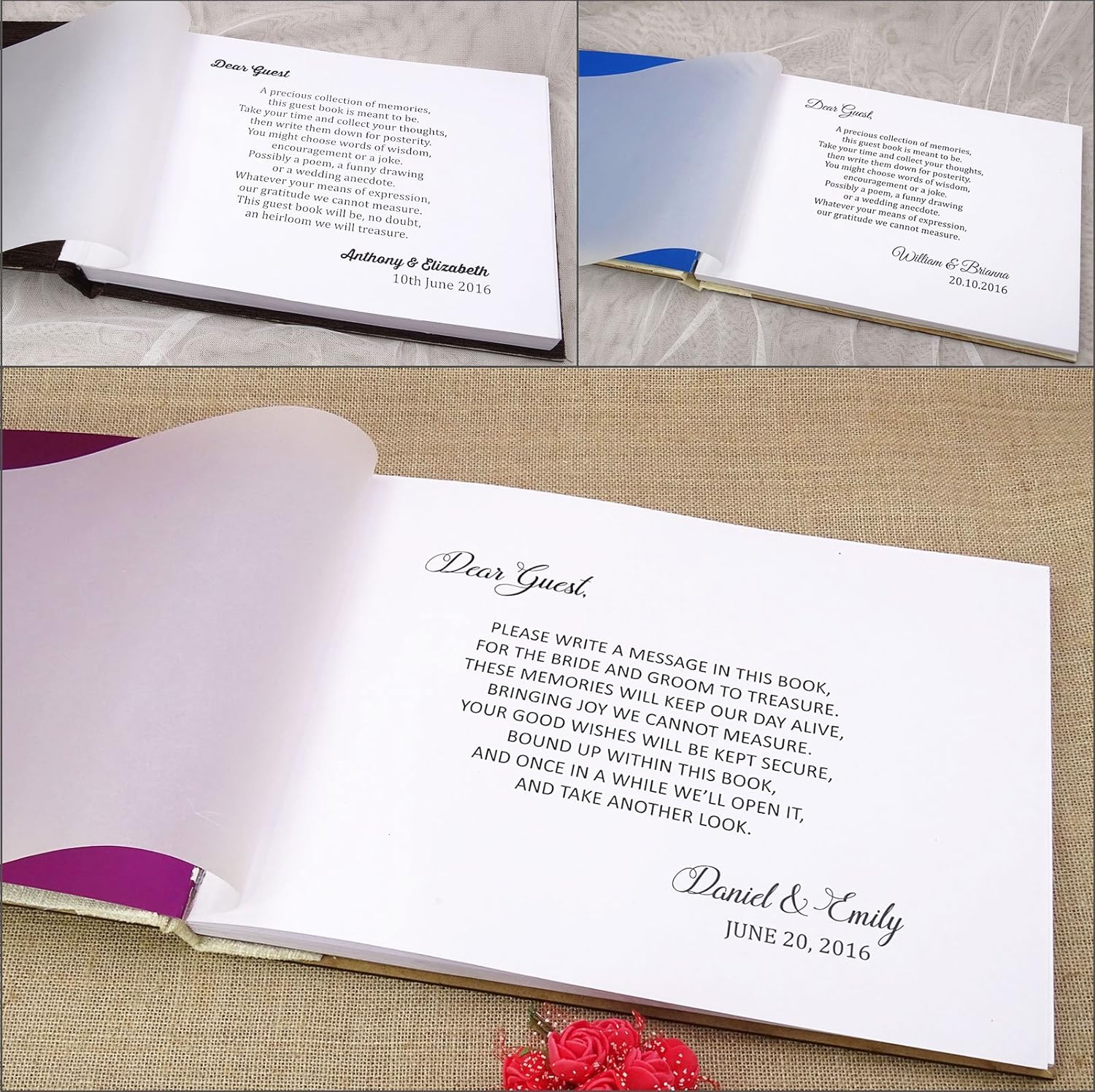 Personalised Guest Book Rustic Wood Wooden Wedding Engraved Bride & Groom Advice Guestbook - 50 Pages