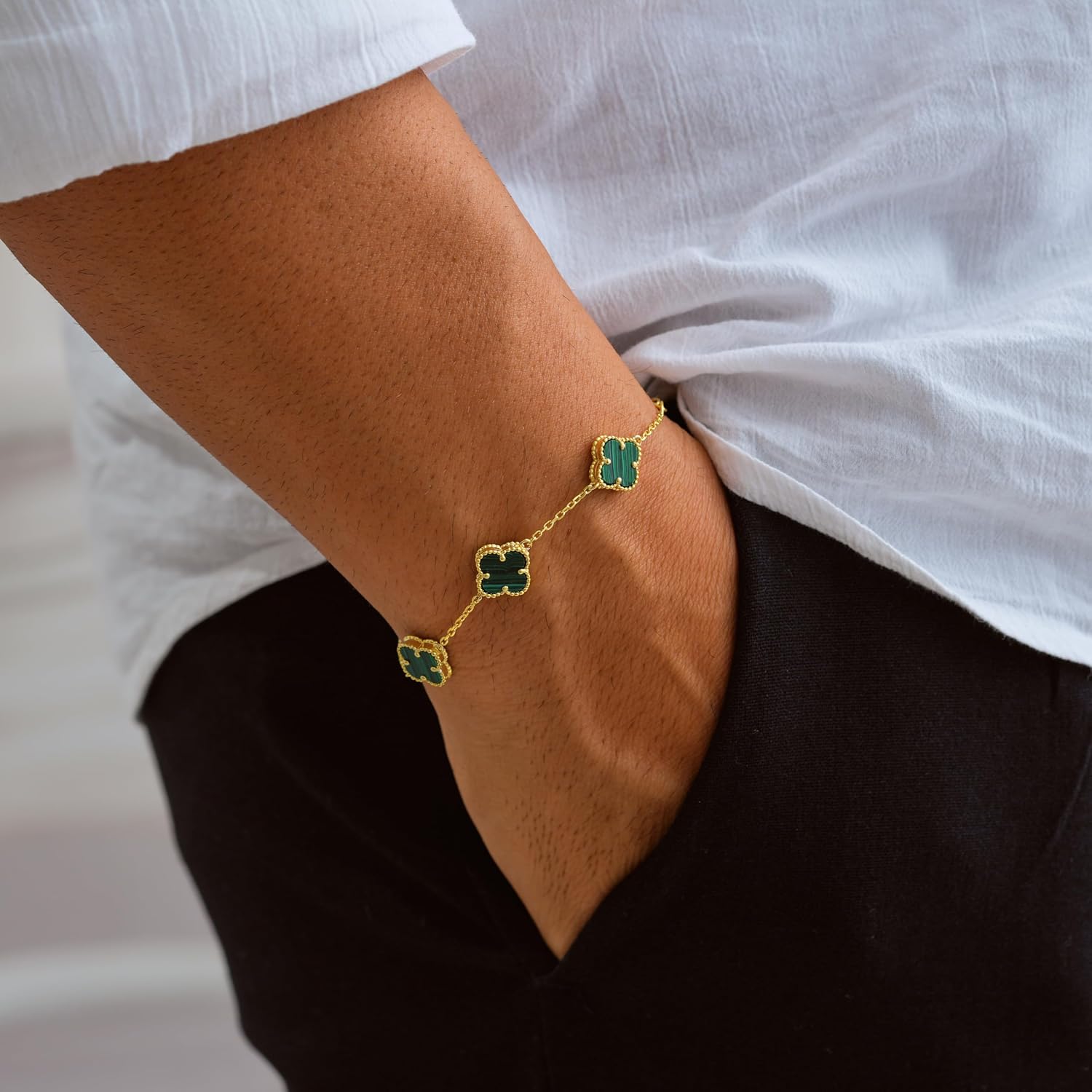Raca Jewelry 14K Gold Four Leaf Clover Bracelet, Flower Bracelet for Women & Men Gold Jewelry - Gemstone Onyx, Mother of Pearl, Malachite, Turquoise, Carnelian