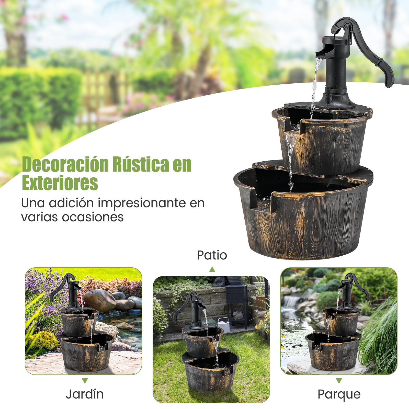GOPLUS Fuente Jardín Exterior, Fuente Decorativa de 2 Niveles con Bomba Ajustable, Fuente en Cascada de PP, Decoración para Jardín, Terraza, Patio, 45,5 x 41 x 68 cm