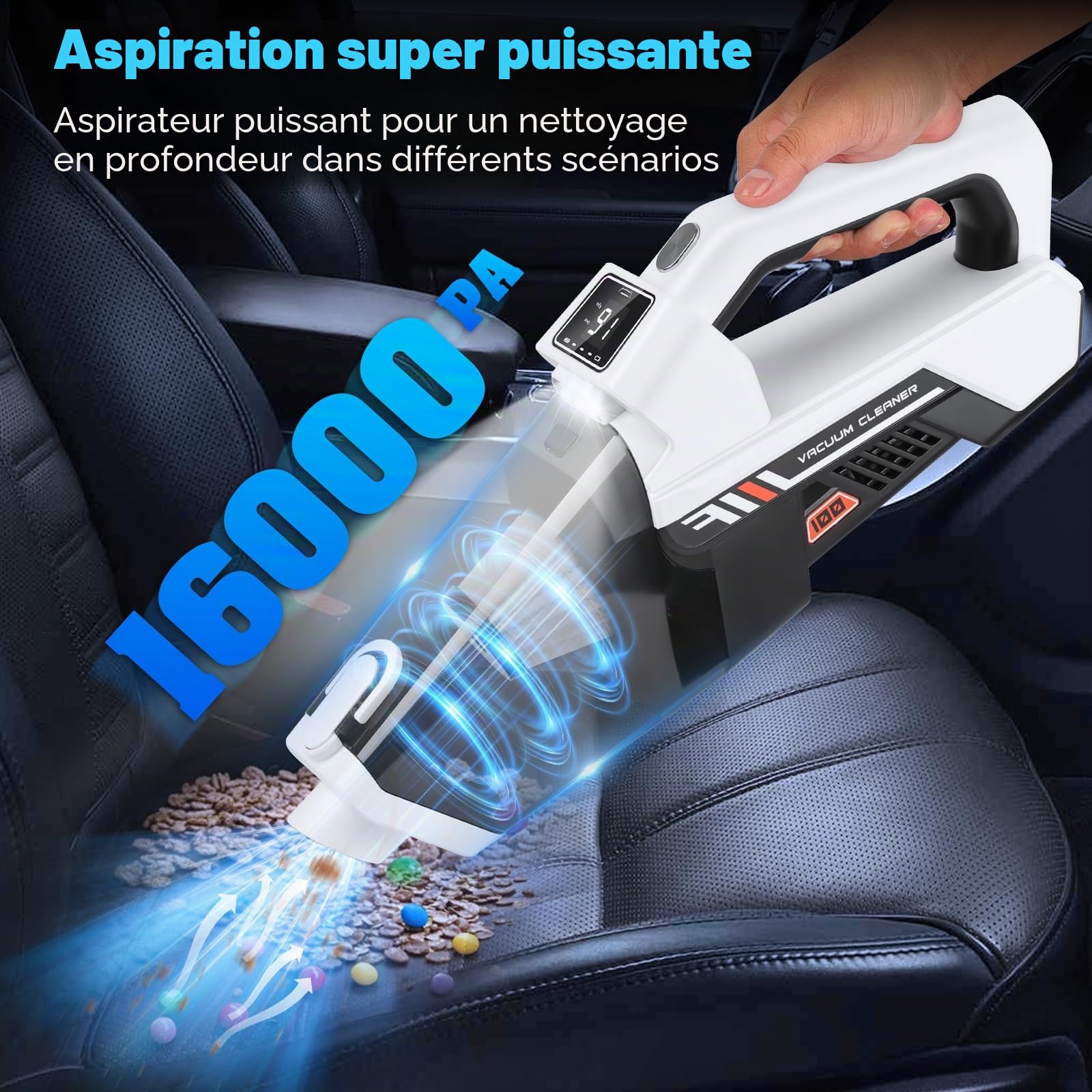 Aspirateur Voiture, 3-en-1 Aspirateur Portable Sans, 16000PA Forte Aspiration，Type-C Charge, Filtre HEPA Lavable, Petit Aspirateur Pour La Voiture, La Maison, Le Bureau, Les Résidus De Nourriture