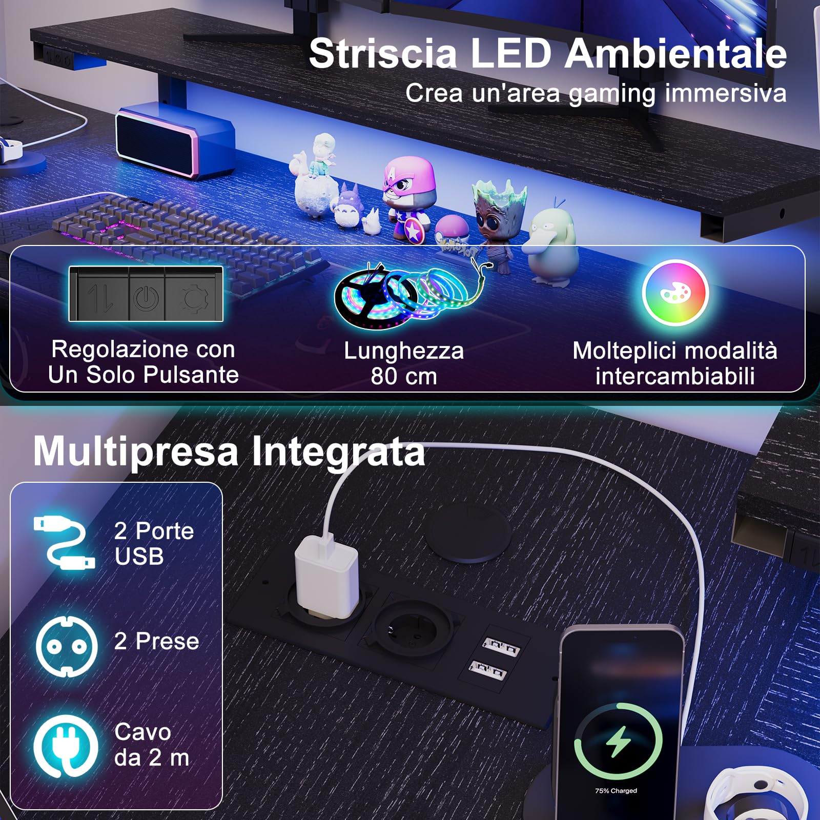 JUMMICO Scrivania da Gaming Angolare a Forma L, 170x90cm con Illuminazione LED, Supporto Monitor Regolabile in Altezza, 3 Cassetti, 2 Prese e 2 Porte USB, Scrivania in Acciaio e Legno, Nero