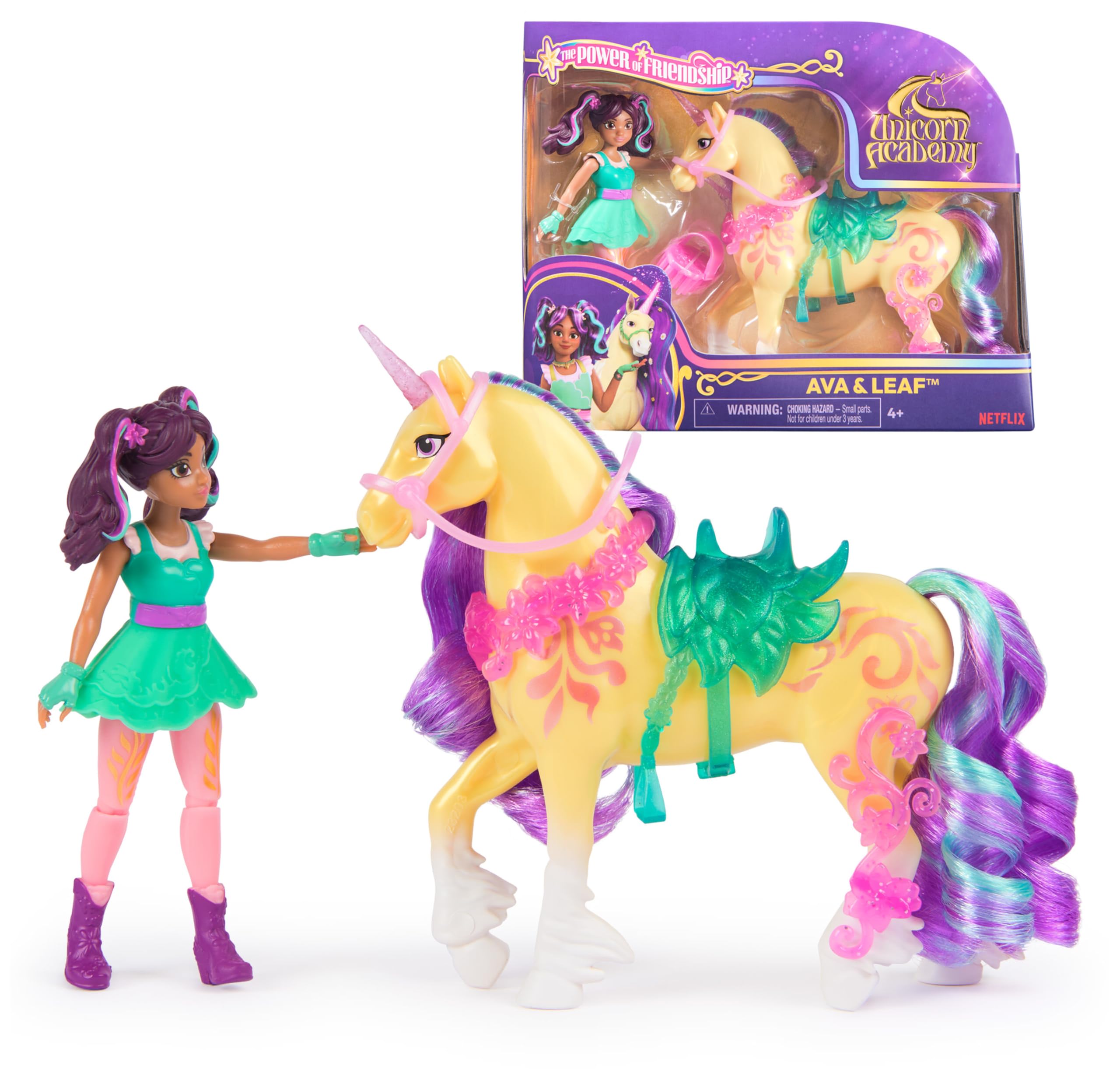 Unicorn Academy - Ava und Einhorn Leaf Set, ca. 12 cm Originalfiguren zur Netflix Serie mit abnehmbarem Sattel, Mähnen- und Schweifbürste und Zubehör, für Kinder ab 4 Jahren