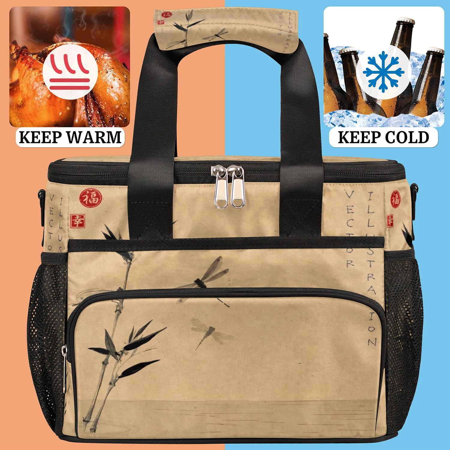Große Lunchtasche mit japanischem Zweig und Libelle, für Erwachsene, Herren, Damen, Kinder, Mädchen, Jungen, Vintage, japanische isolierte Lunchbox, Kühltasche, Kühltasche, Kühltasche, Kühltasche,