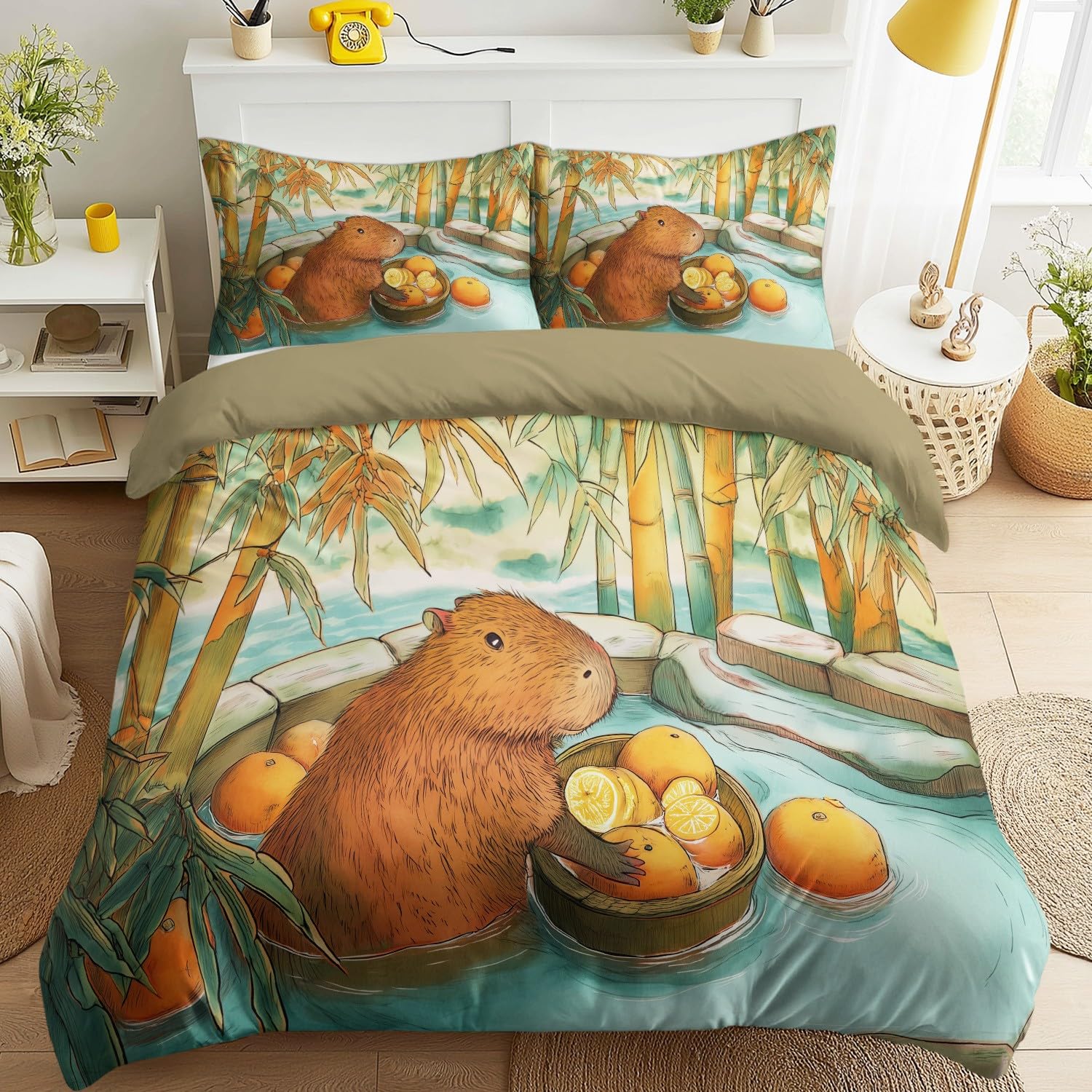Generisch 3-częściowy komplet pościeli 220 x 240 cm, zwierzęta, śliczne pomarańczowe rośliny Capybara dla dzieci, zielona, kreskówka, miękka poszewka z mikrofibry z zamkiem błyskawicznym, przyjazna