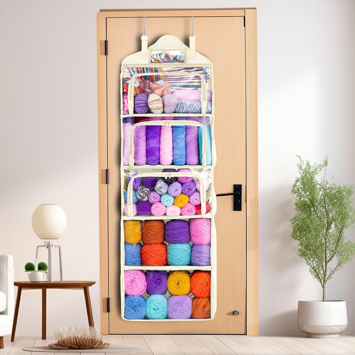 MYBAGZING Hanging Yarn Storage Organizer –Over-The-Door Crochet Organizer with Both Front and Side Zipper Closure -Large Capacity Clear Yarn Holder for Crochet Hooks, Knitting Needles & Accessories
