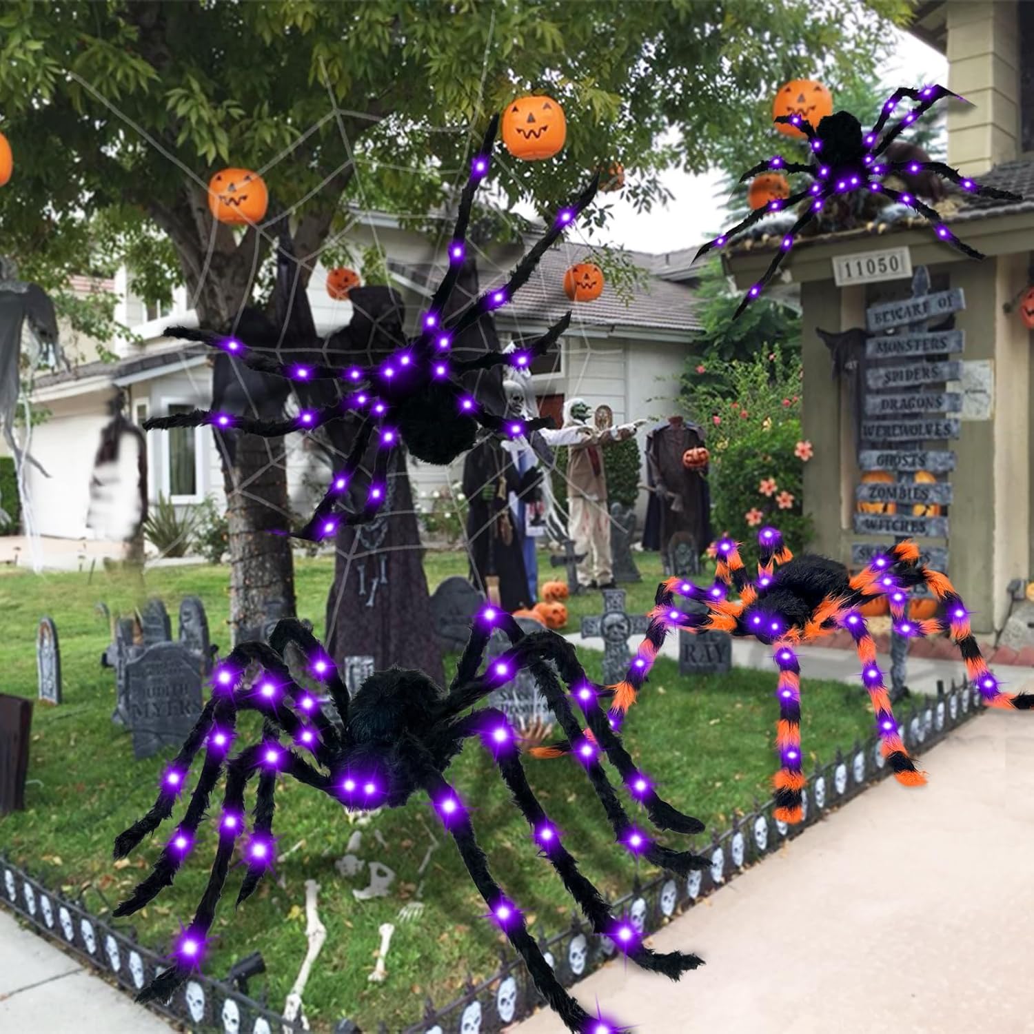 2 Pack 5 Ft+4.2 Ft Giant Spider Halloween Decorations Outdoor, Light up Black and Dual Color Fake Spider Totally 52 Purple LED for Yard Outside Indoor Scary Haunted House Prop Halloween Party Decor