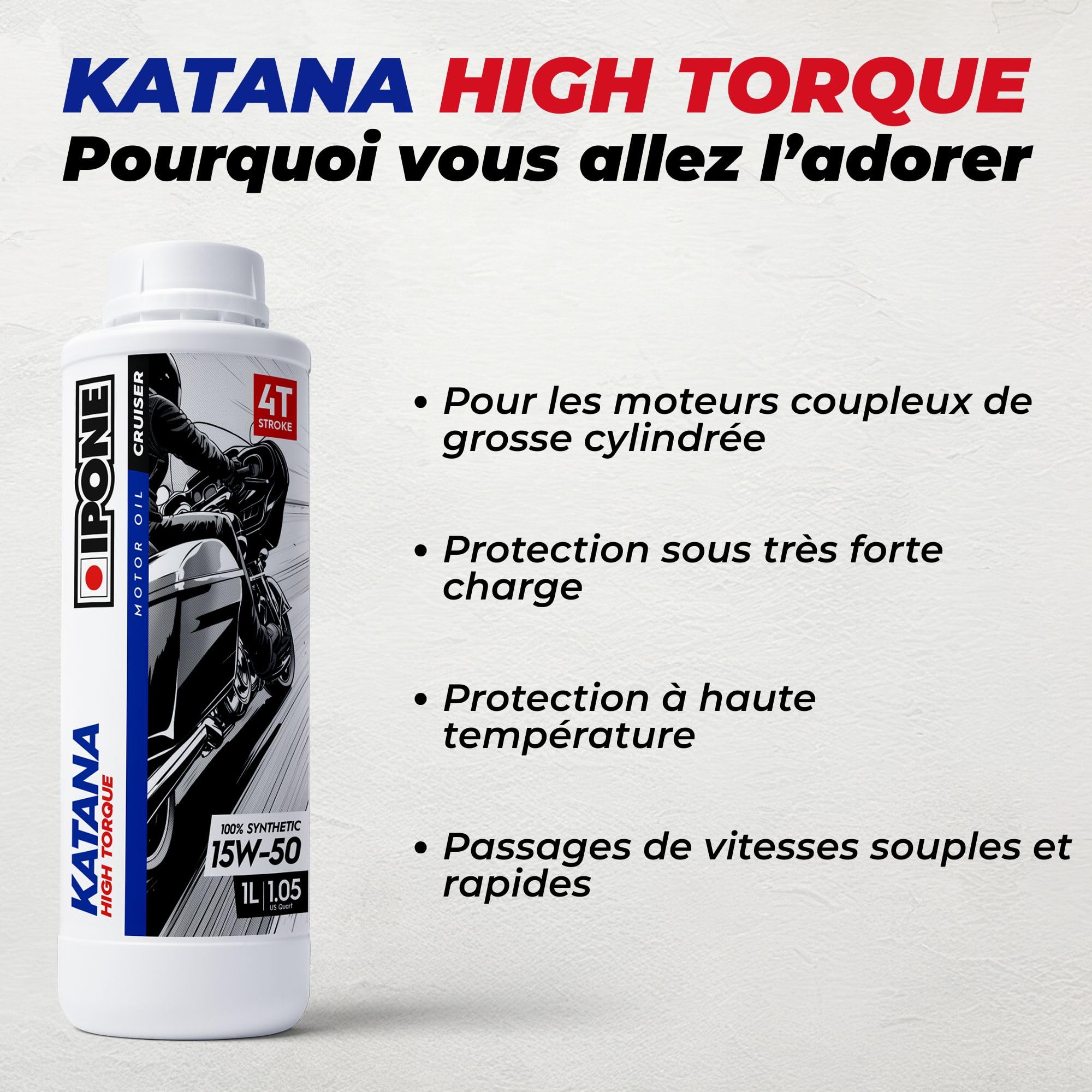 IPONE - Huile Moteur Moto 4 Temps 15W-50 - Katana High Torque - Bidon 5 Litres- 100% Synthétique - Gamme Cruiser - Pour les moteurs coupleux de grosse cylindrée