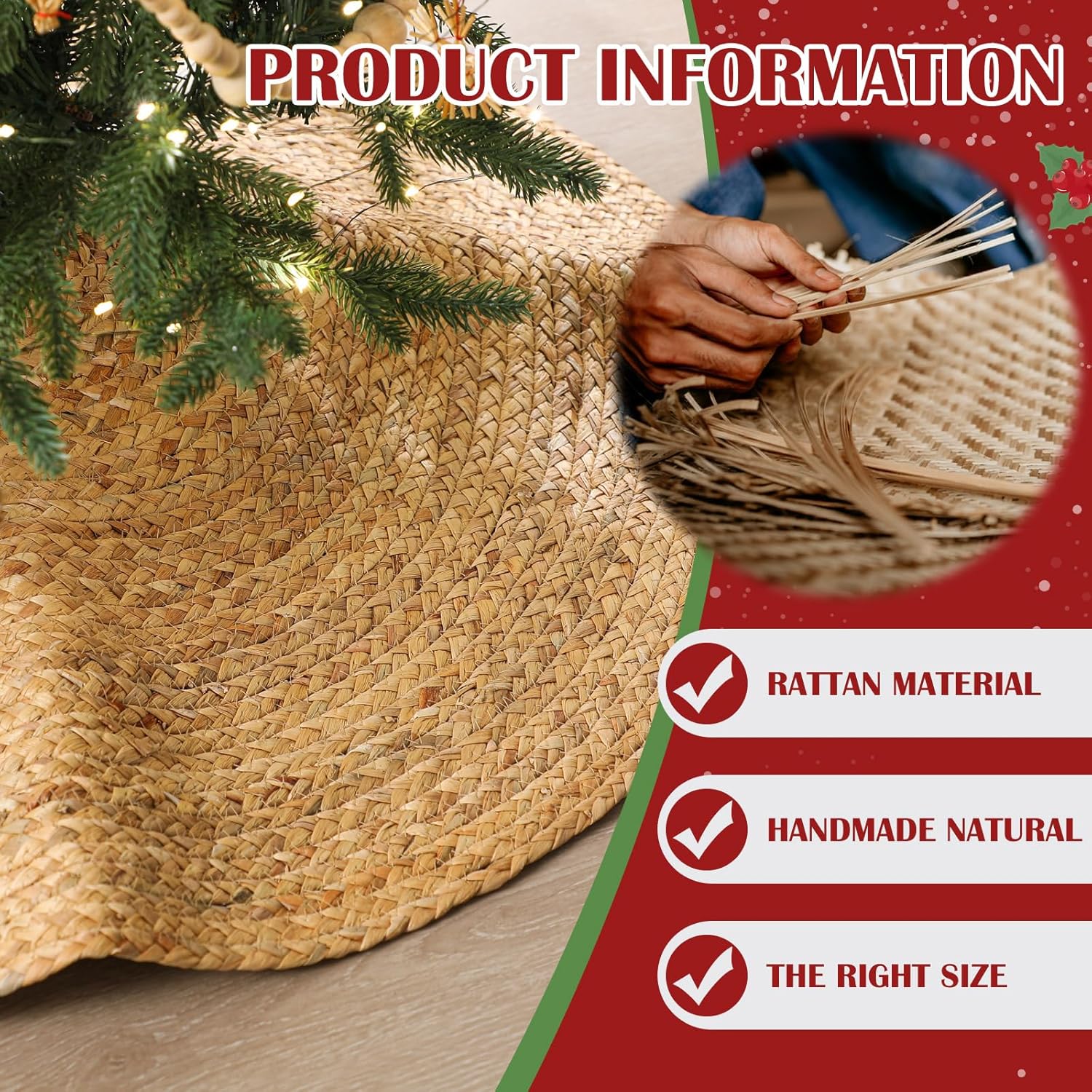 36 Inch Rattan Wicker Christmas Tree Skirt Hyacinthus Woven Natural Rustic Farmhouse Xmas Tree Skirt Decoration for Christmas Home Xmas Holiday Party Decor