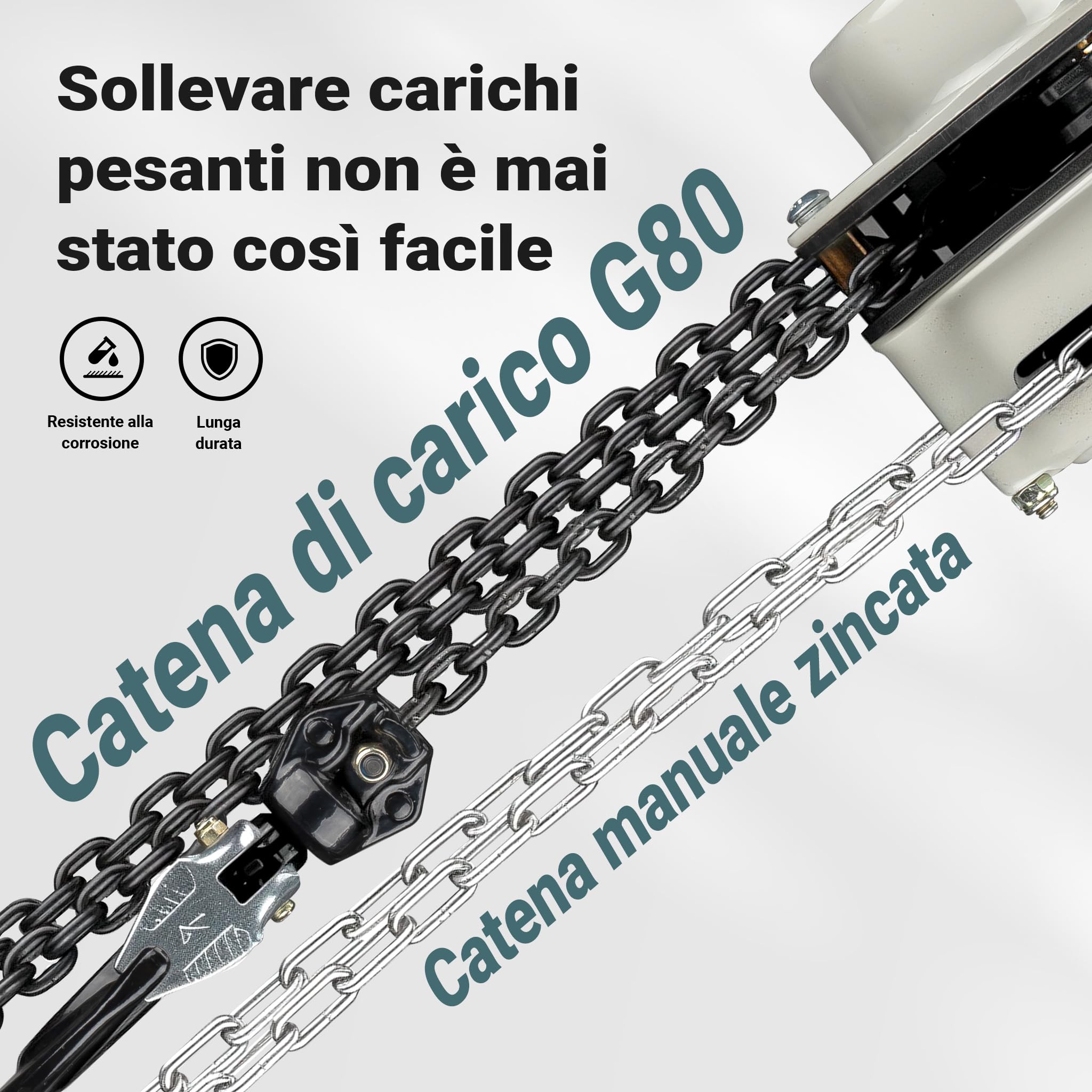 Wiltec Paranco a catena manuale V21-0,25, capacità di carico 250 kg, altezza di sollevamento 3 m, leggero e compatto, per impieghi gravosi