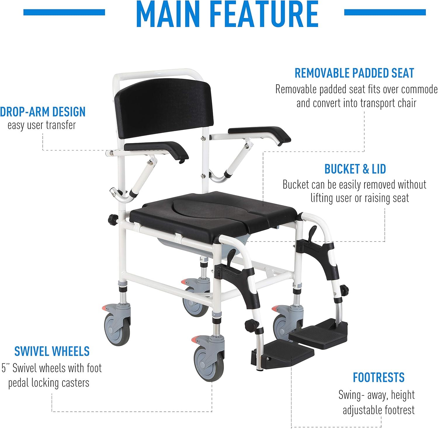 HOMCOM Accessibility Commode Wheelchair, Rolling Shower Wheelchair with 4 Castor Wheels, Rectangle Detachable Bucket, & Waterproof Design, Black : Health & Household