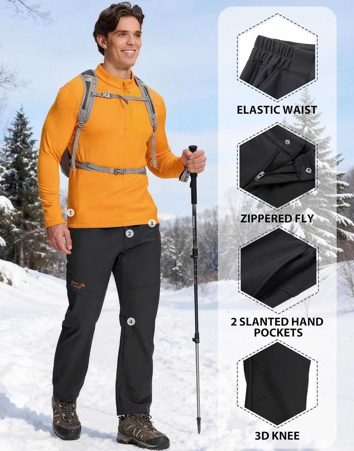 Pioneer Camp Men's Fleece Lined Hiking Pants Insulated Waterproof Softshell Winter Warm Work Snow Ski Pants Snowboard - Image 6