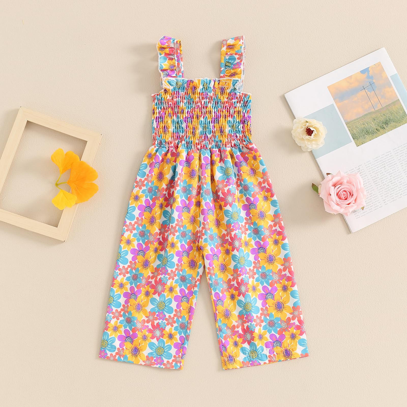MAINESAKA Toddler Baby Girl Wide Leg Fly Sleeveless Ruffle Plaid Smocked Jumpsuit Pants Boho Flare Overalls Summer Clothes (C-Yellow, 2-3 Years)