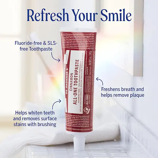 Dr. Bronner’s All-One Toothpaste – Cinnamon, 5 oz, 1-Pack – Fluoride-Free Toothpaste for Adults, SLS-Free, 70% Organic & Natural Ingredients, Vegan, Helps Freshen Breath, Reduce Plaque, Whiten Teeth 2