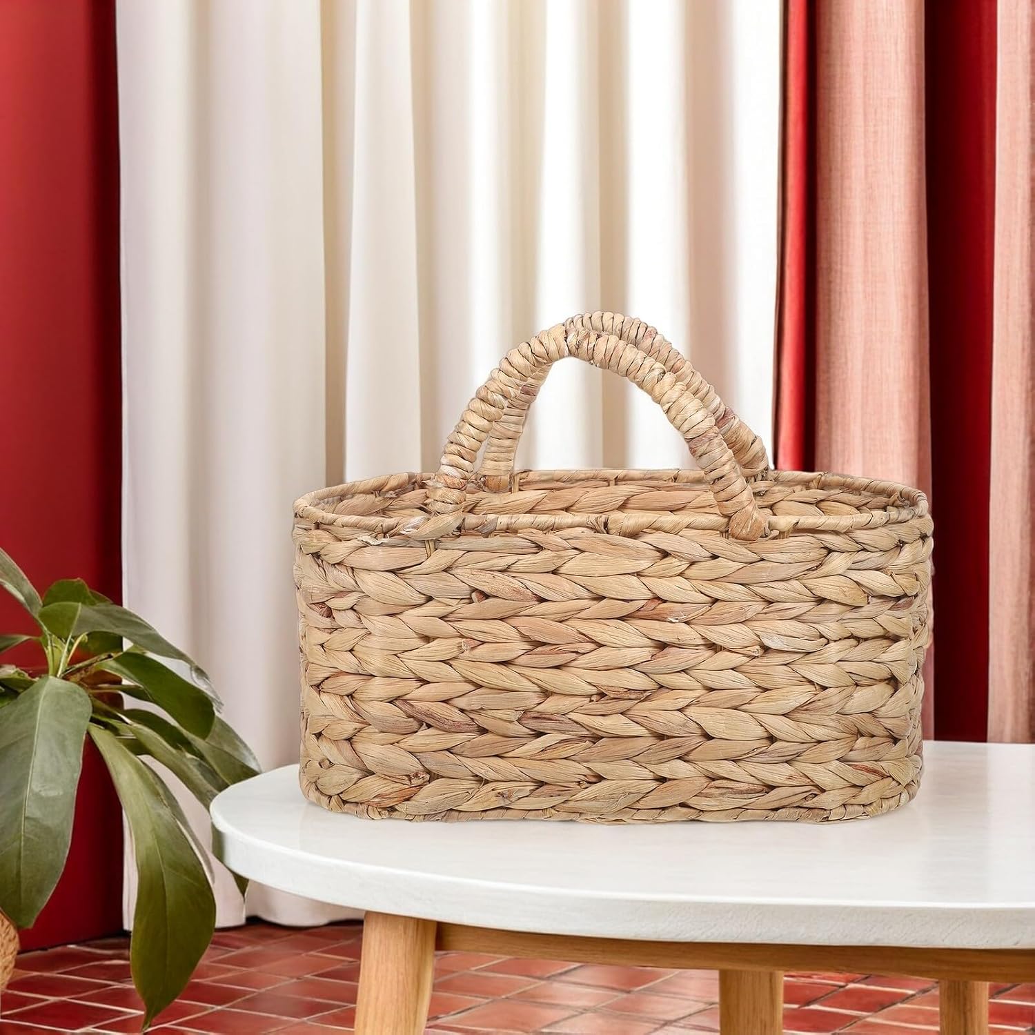 Kichvoe Handmade Oval Seagrass Basket with Handles Small Woven Storage Tote Decorative Shelf Organizer Grocery Market Basket for Vegetables Picnic