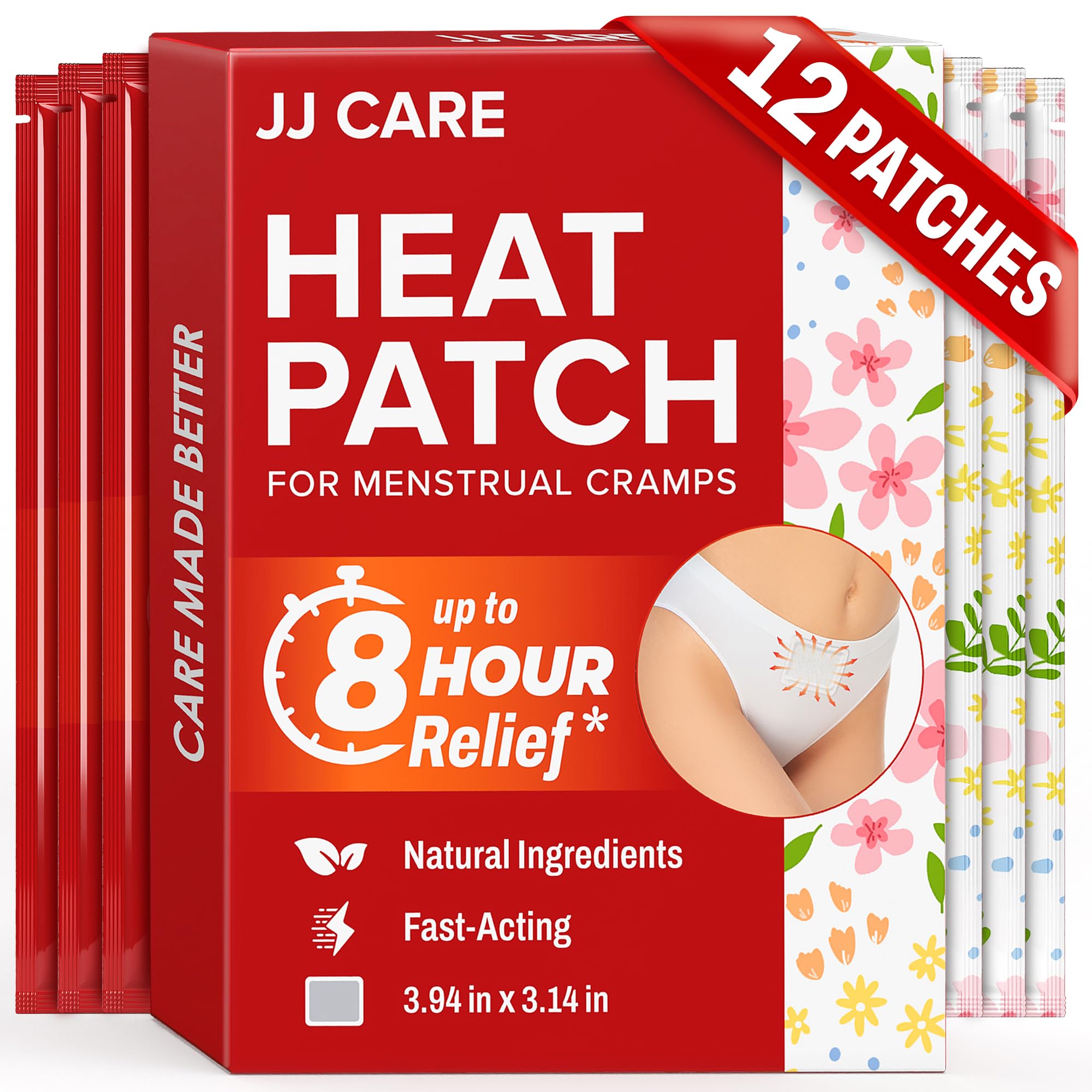 JJ CARE Heat Patch for Menstrual Cramp Relief (12 pcs - Regular Size), Period for Cramps with Air-Activated Carbon, Menstrual Heating Patches for