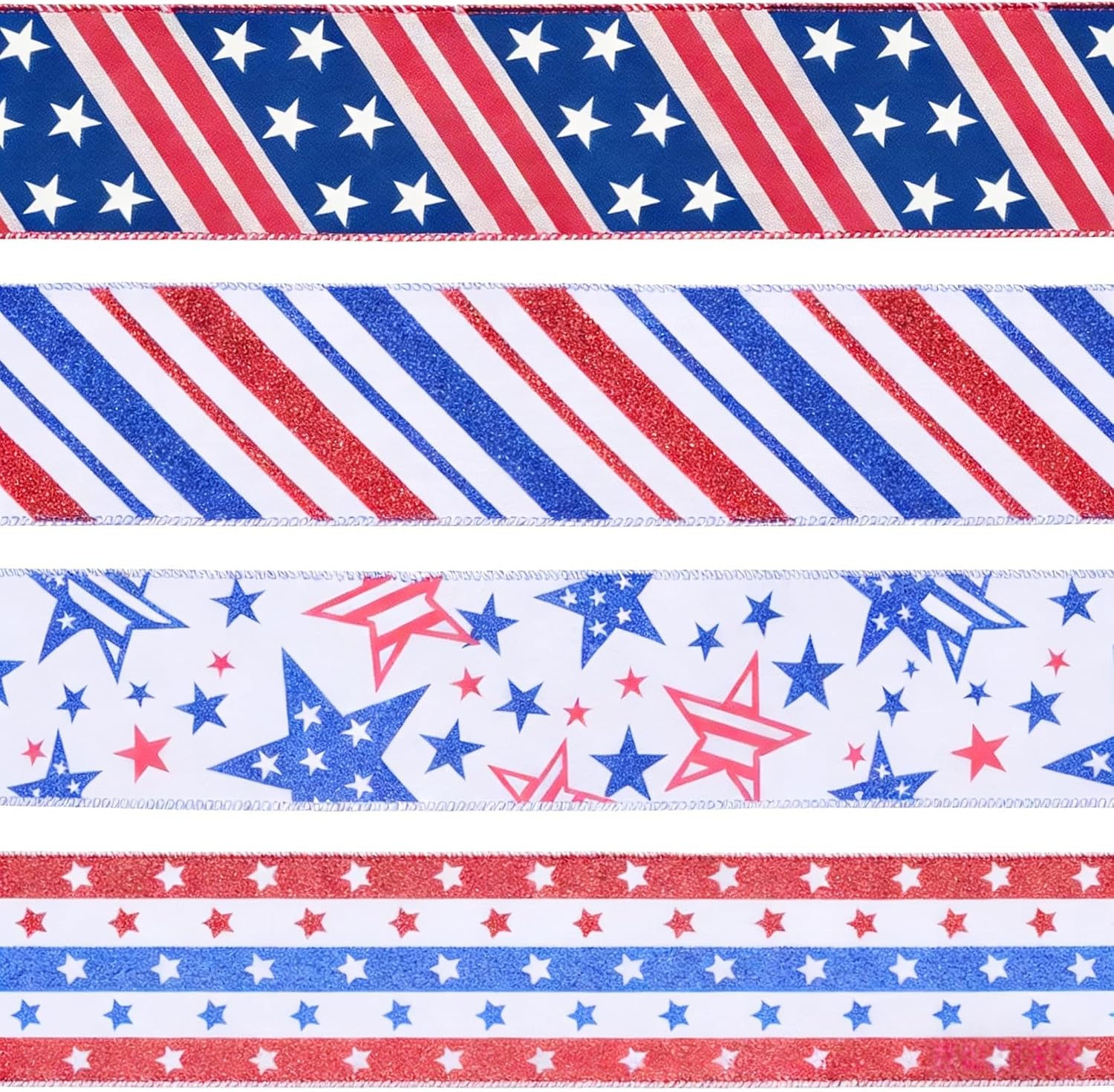 Meseey 4 Rolls Patriotic Wired Ribbon, 2.5 Inch x 5 Yards Each, Red White Blue Stars and Stripes Wired Ribbon for 4th of July Wreaths, Bows, Crafts, and Independence Day Decorations image 2