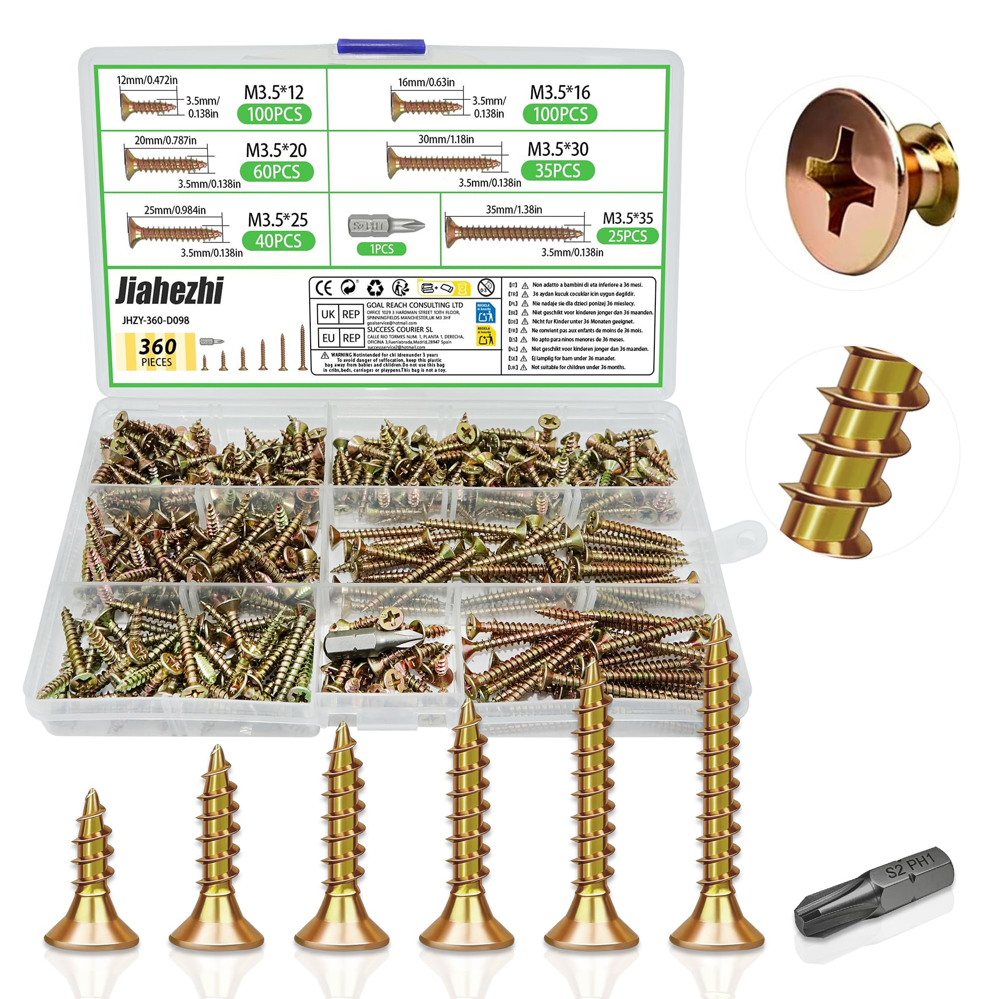 M3.5x12/16/20/25/30/35 Wood Screws Assortment, 390pcs Flat Head Self Tapping Countersunk Screws Set with Storage Box, Galvanised Decking Screws for Wood Projects