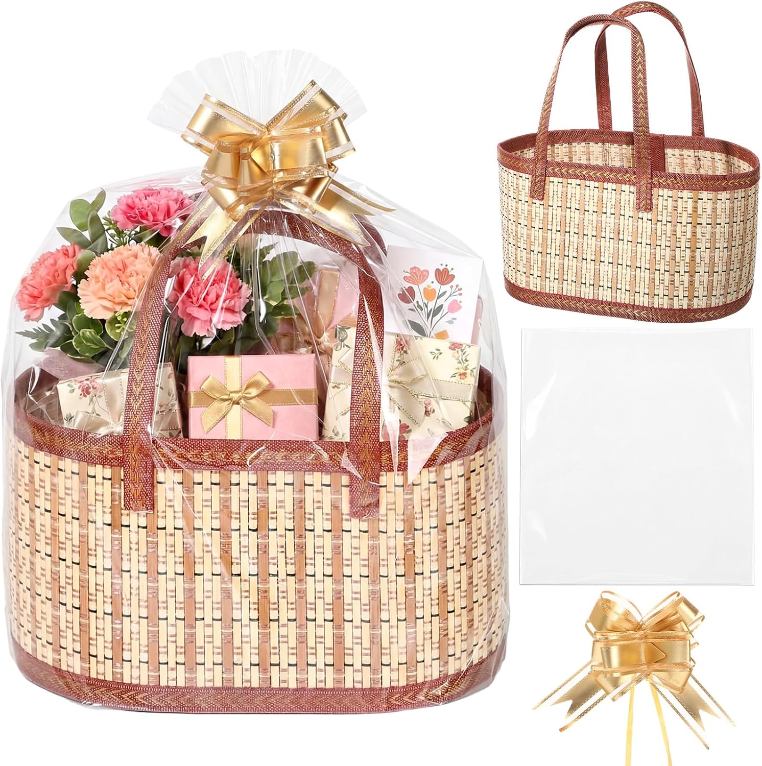 Reallnaive 3 Set Gift Basket Empty Woven Bamboo Storage Baskets with Clear Gift Bags Pull Bows Ribbon Foldable DIY Gifts Basket Kit with Handle for Baby Shower Housewarming
