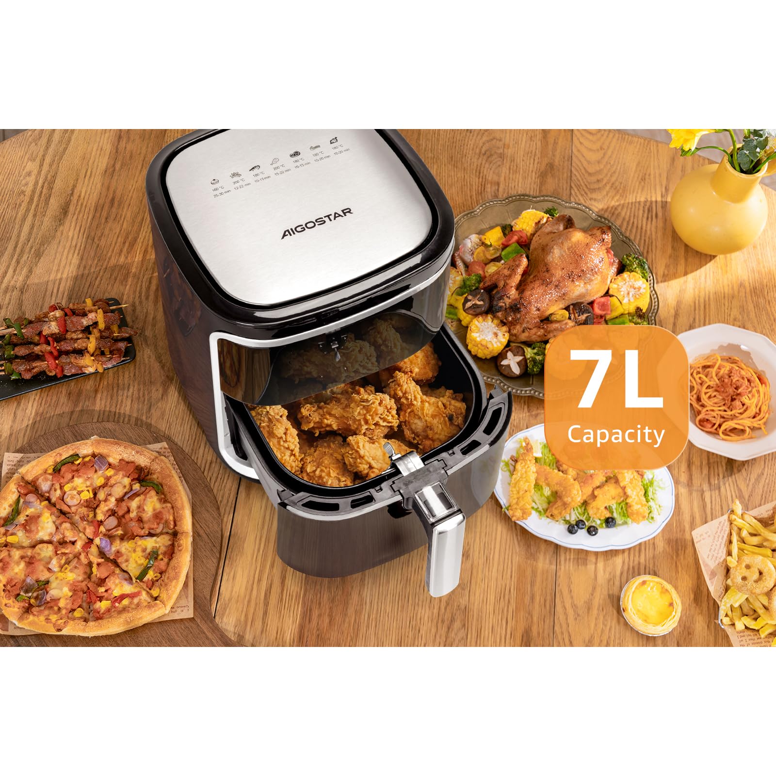 Aigostar Freidora de Aire 7L, 1900 W, Freidora sin Aceite con 7 Funciones, Pantalla Táctil LED, Doble Uso: con Cesta o Cajón. Sin BPA. Libro de Recetas Incluido, Cesta Antiadherente, Negra(IBT)