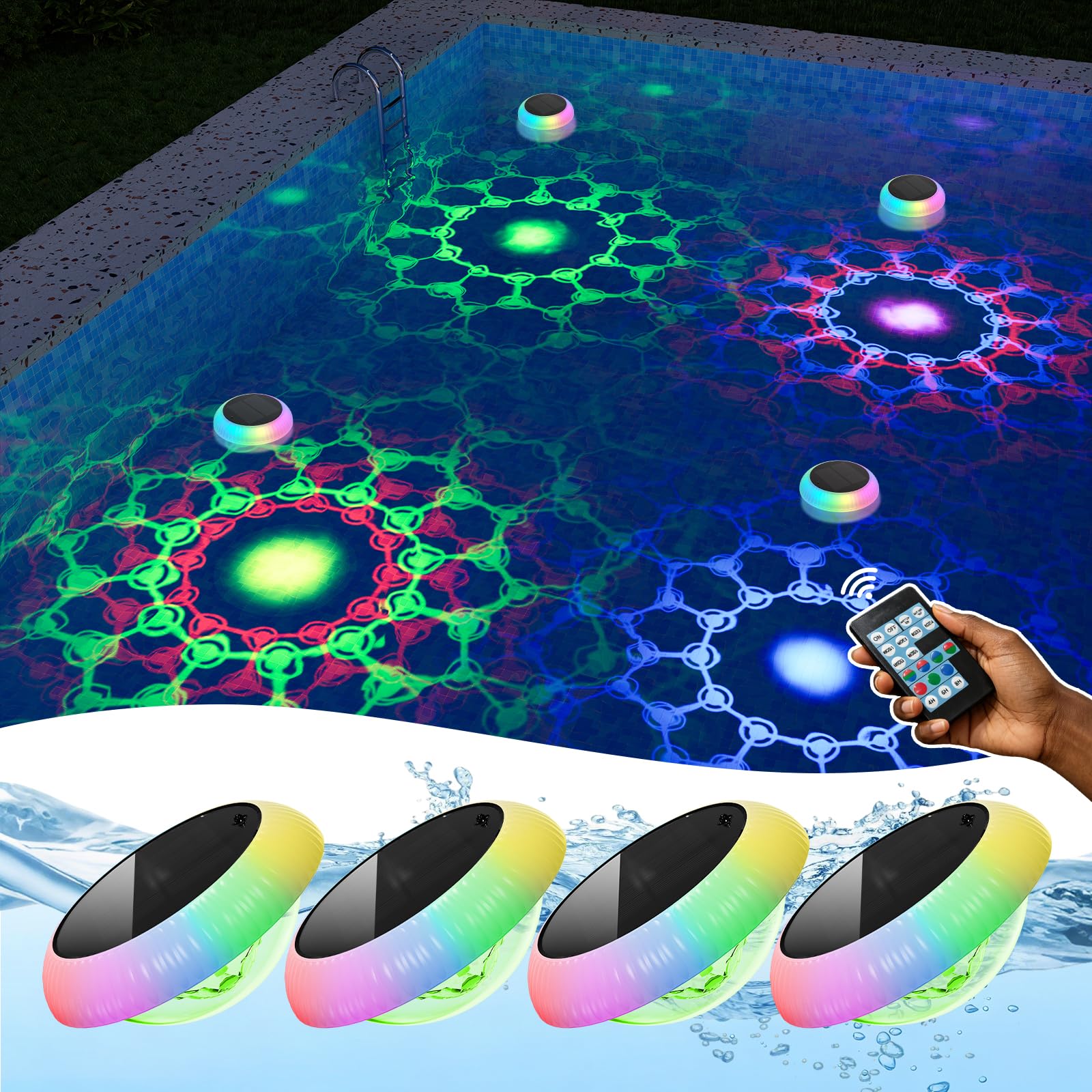 4 Pack Large RGB Solar Float Pool Lights with Rainbow Dynamic Mode