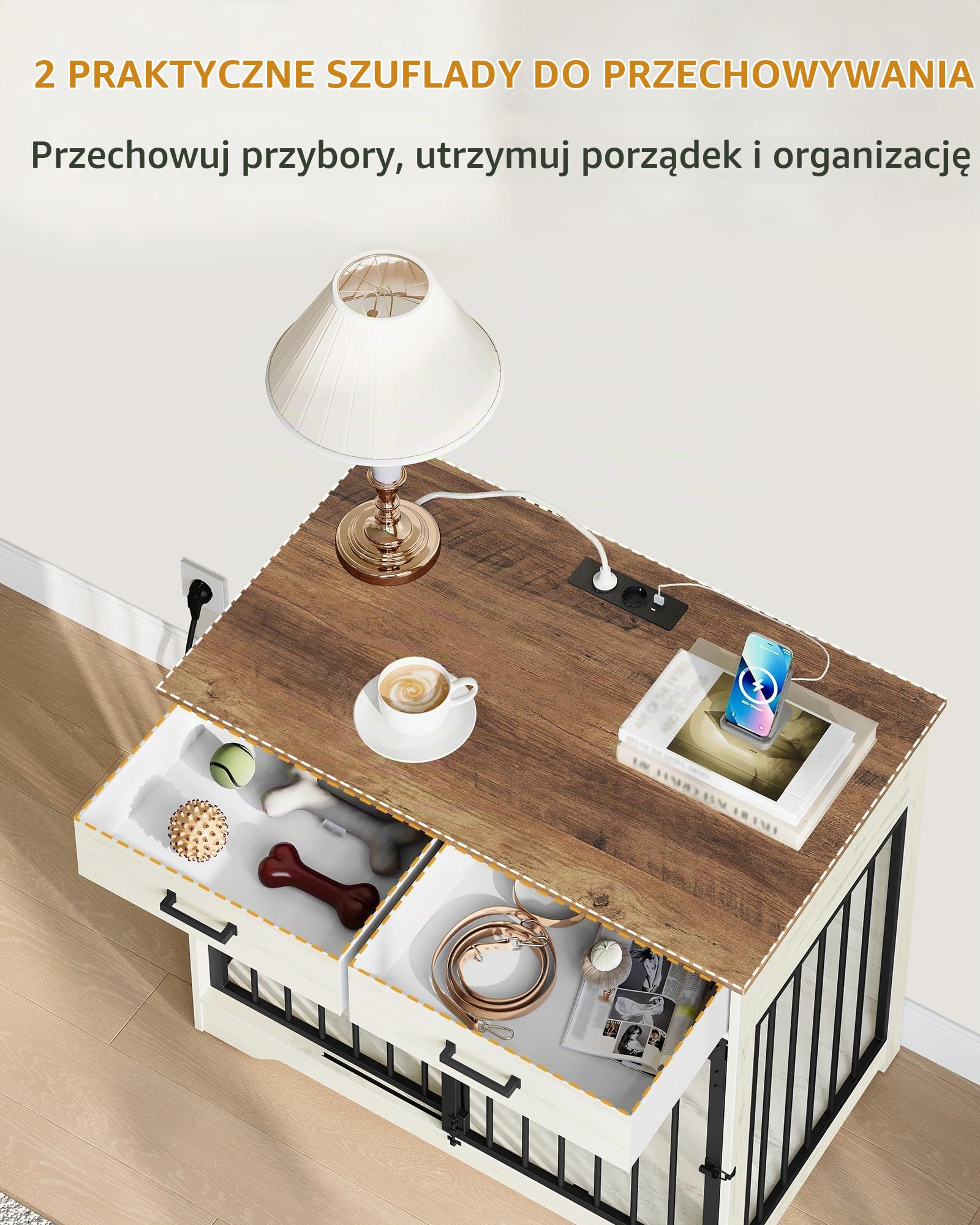 Hzuaneri Klatka dla psa meble z gniazdkiem, skrzynia dla psa do domu z drzwiami przesuwnymi w stylu drzwi stodoły i 2 szufladami, 3-drzwiowa kredens dla średnich/dużych psów, 97 x 56 x 81 cm