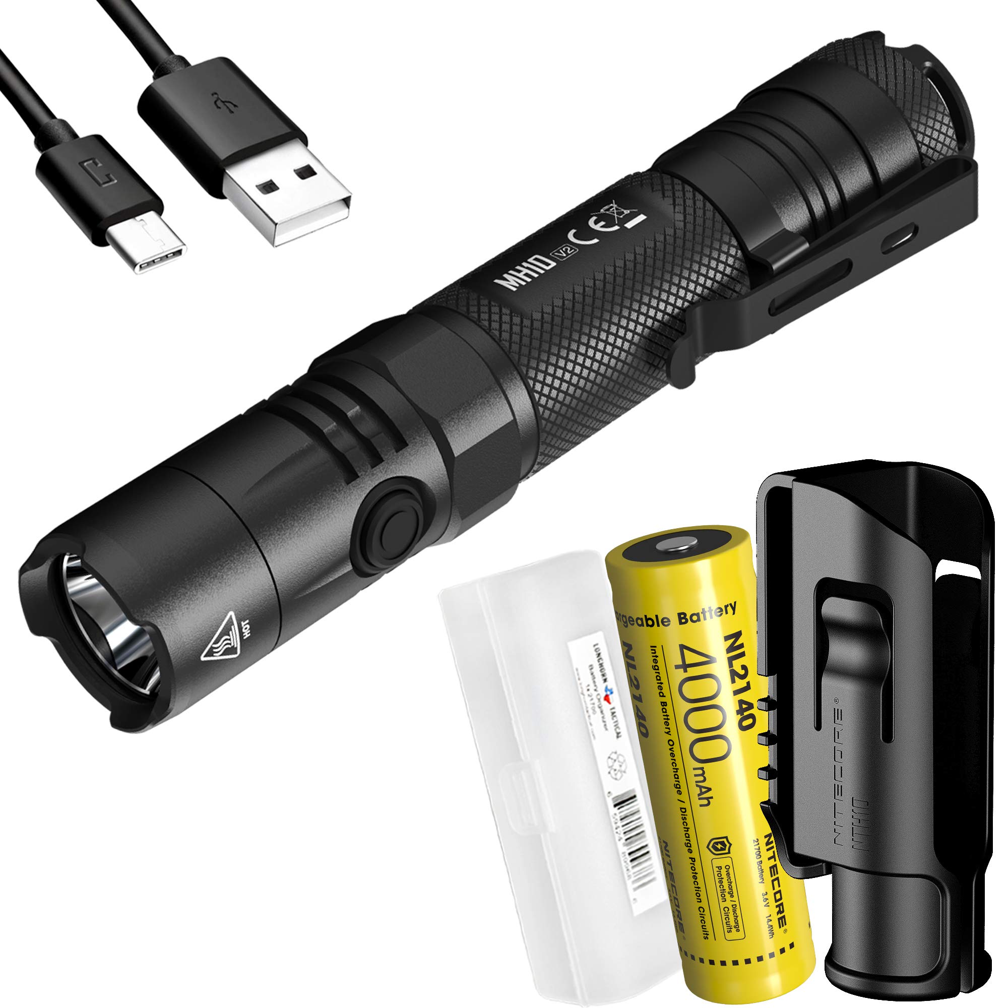 Nitecore MH10 v2 1200 Lumen USB-C Rechargeable EDC Flashlight with Battery, Hard Holster and LumenTa