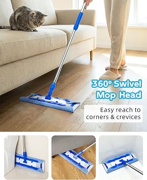MR.SIGA Professional Microfibre floor Mop for Hardwood, Laminate, Tile Floor Cleaning, Stainless Steel Telescopic Handle - 3 Reusable Microfibre Cloths and 1 Dirt Removal Scrubber included