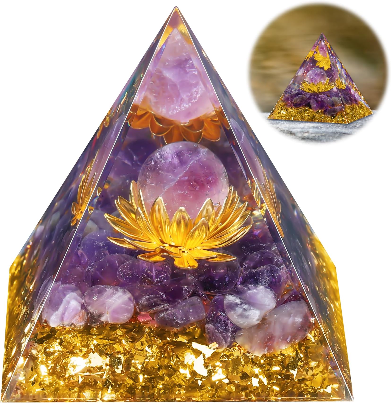 Hejo Crystal Pyramid, Moonstone Energy Crystal Orgone Pyramid, Flower of Life Crystal Orgonite Pyramids, Healing Crystal Gifts, Nature Reiki Crystals for Healing Chakra Meditation (Amethyst)