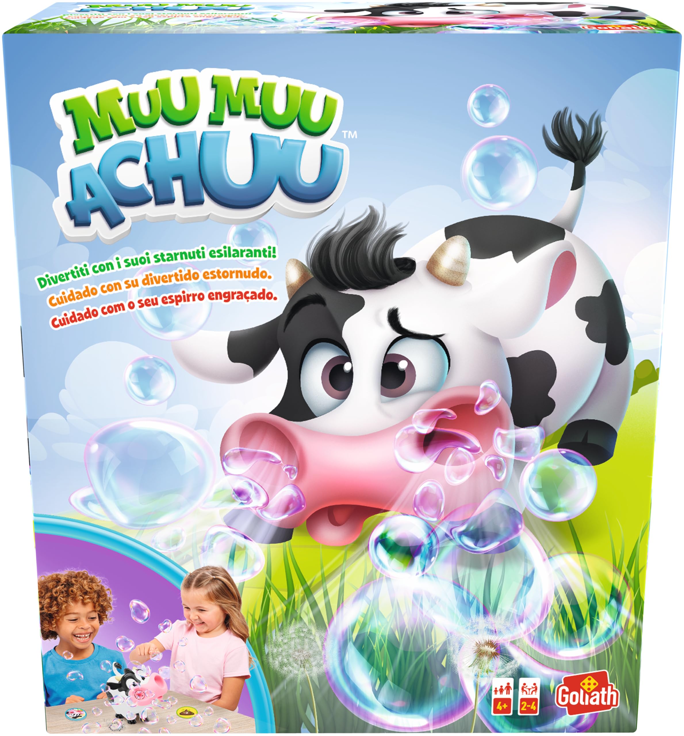 Goliath - MUU MUU ACHUU - Gioco in Scatola per Bambini dai 4 Ann - Mucca Simpatica che Fa Bolle con Suoni e Starnuto - Stimola i Riflessi - per 2-4 Giocatori - 20 Minuti, Versione Multilingue