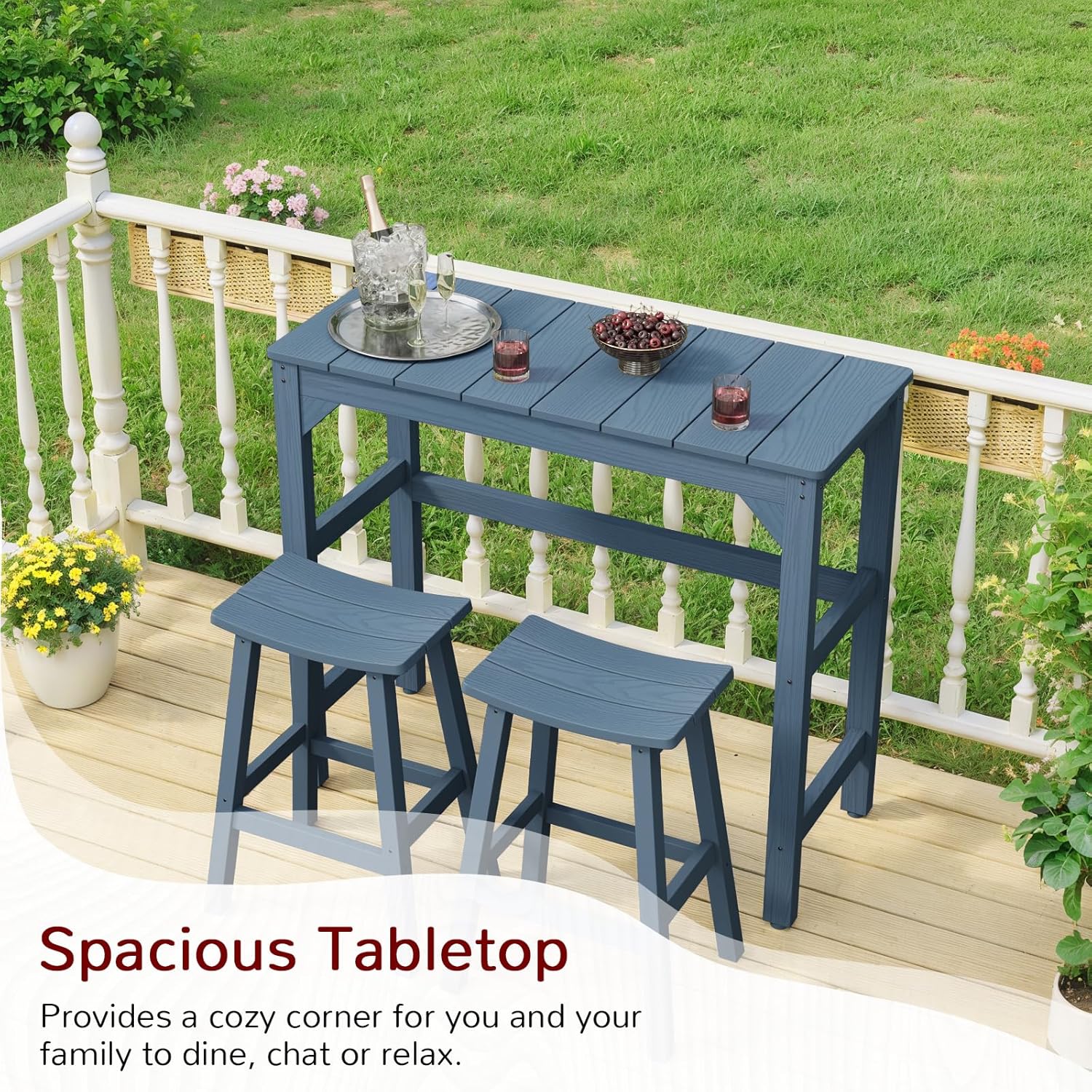 Stoog All-Weather Patio Bar Set, 3-Pieces Outdoor Bar Table and Stools Set, Counter Height Bar Stools Set of 2, Low Maintenance, for Backyard, Garden, Balcony, and Deck, Blue