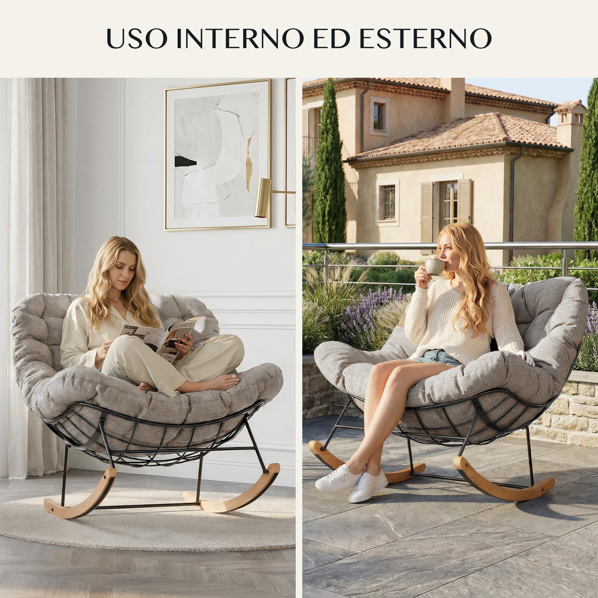 FLEXISPOT Sedia a Dondolo da Giardino, Poltrona Relax Ergonomica con Poggiatesta Imbottito, Struttura in Metallo Robusta, per Balcone, Terrazza e Soggiorno