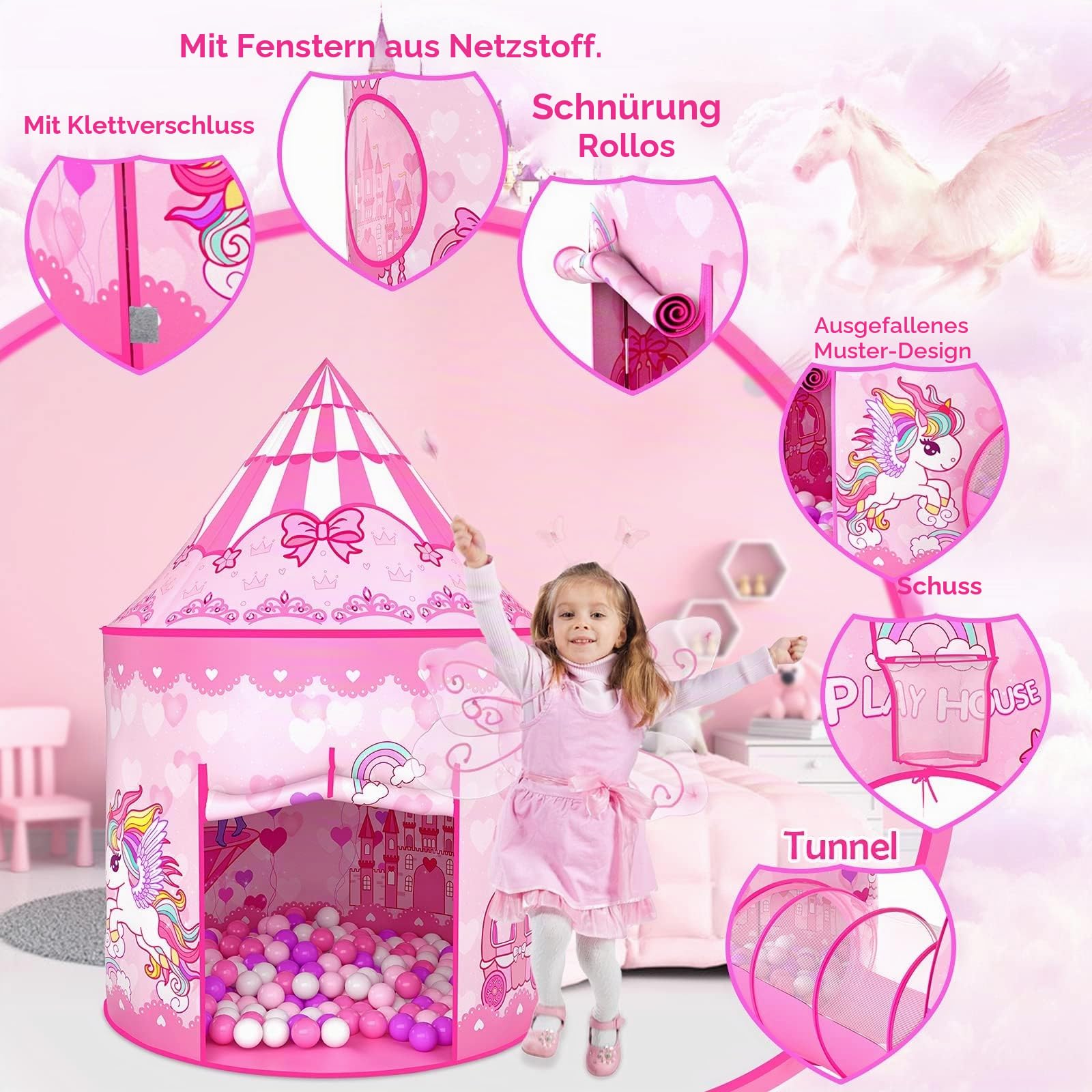Wilwolfer Pop-up Zelt für Kinder + Krabbeltunnel + Bällebad - 3-in-1 Spielhaus für Kleinkinder Jungen Mädchen - Großes Spielzelt für Innen & Outdoor(Ohne Bälle)