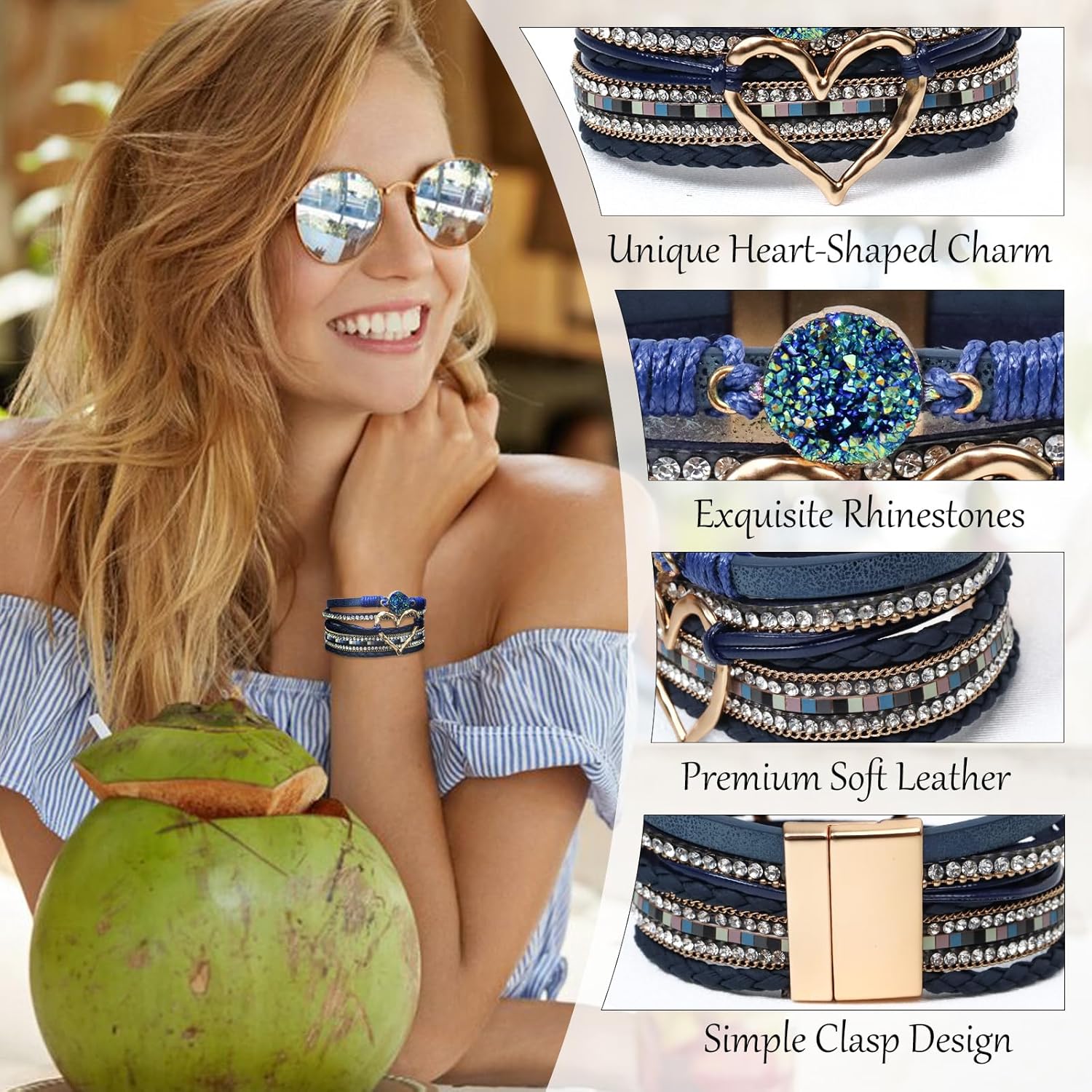 Leather Wrap Bracelet for Women, Boho Cuff Bracelet with Strong Clasp, Multi-Layer Crystal Leather Bracelet for Valentine's Day - Image 2