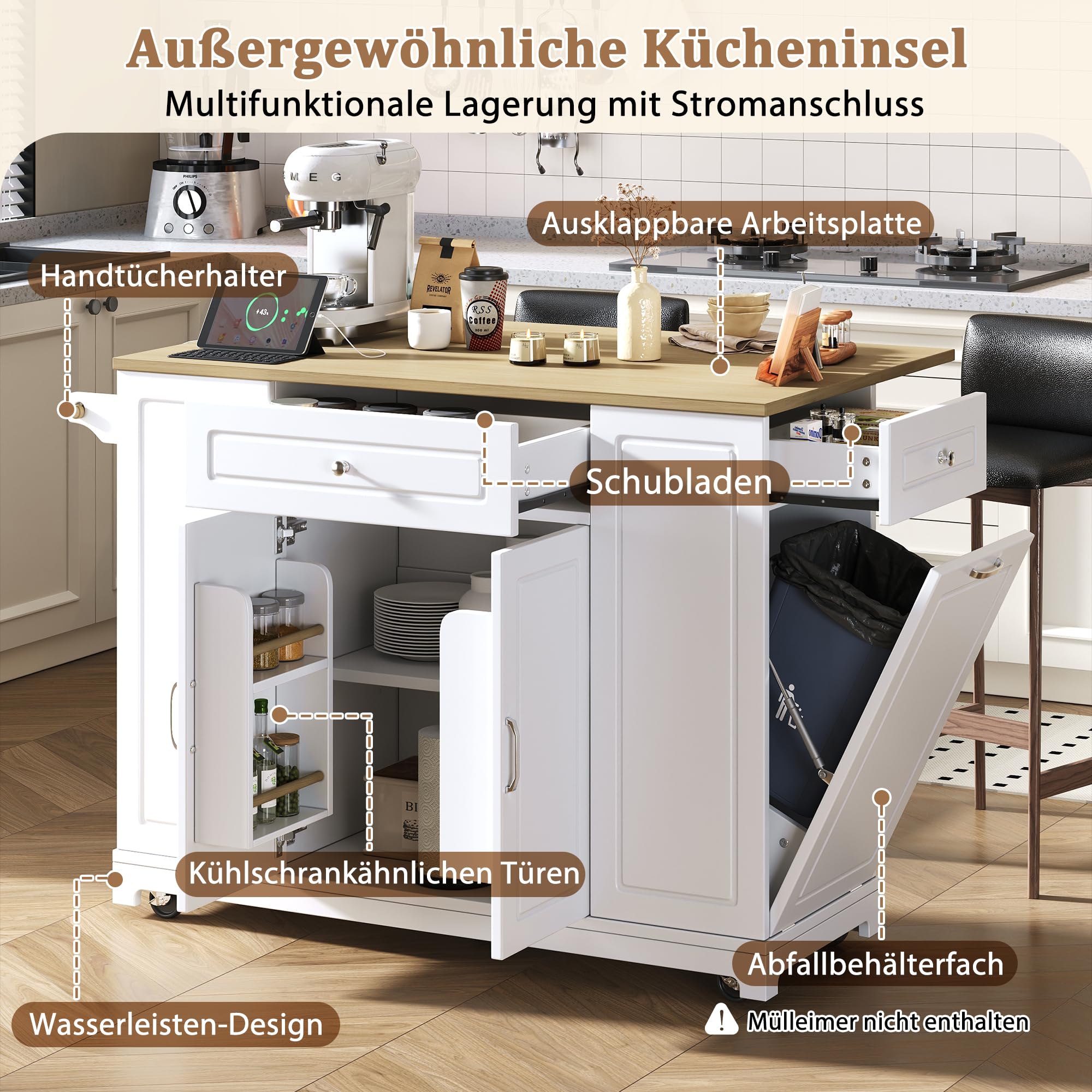 Kücheninsel mit Rollen & ausziehbarer Tischplatte, Mobile Kücheninsel mit Steckdosen, Schubladen & Abfalltrennsystem, Platzsparender Küchentrolley für kleine Küchen & Esszimmer (Weiß)