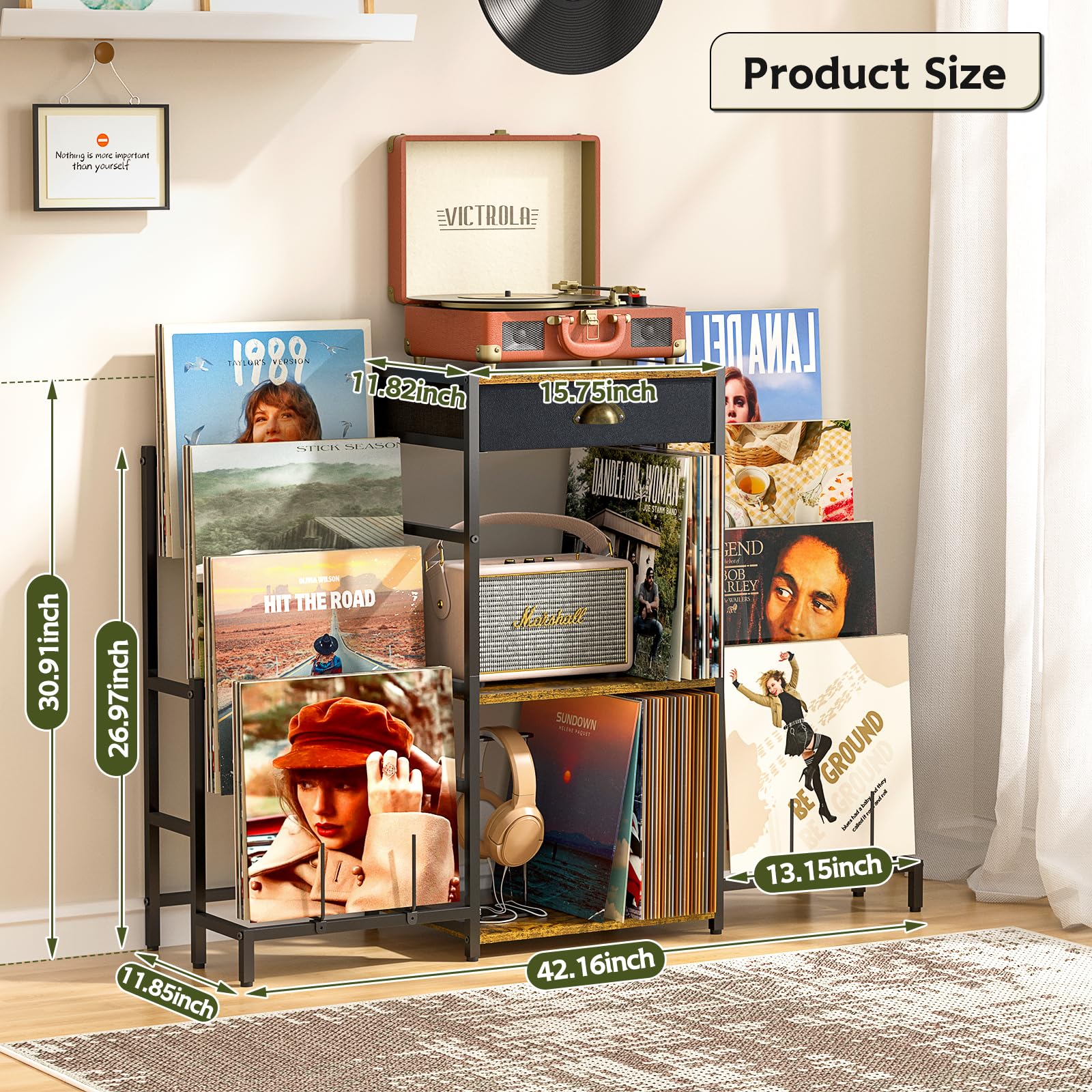 Record Player Stand With Vinyl Storage - Holds 300+ Albums, Turntable Table For Living Room, Retro Design