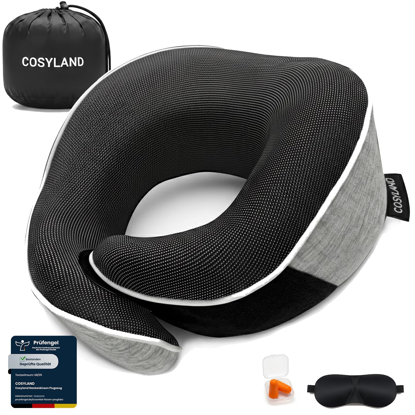 COSYLAND Coussin de Nuque en Mousse à mémoire de Forme pour Avion et Voiture - Support à 360° - Réglable - Cale-Nuque Ergonomique pour Adulte - avec Sac, Masque de Sommeil et Bouchons d'oreilles