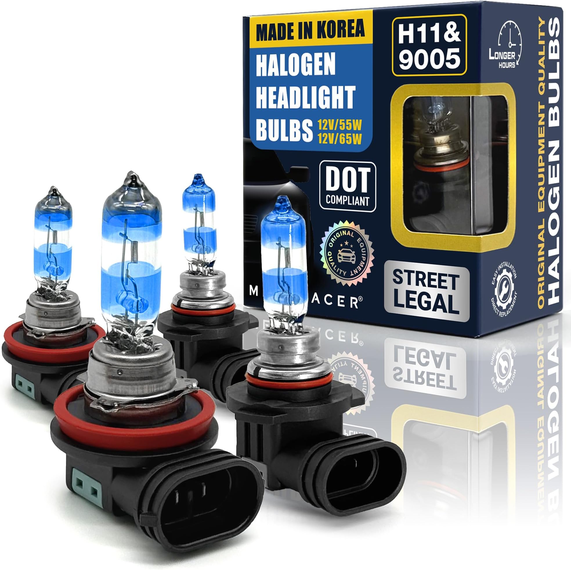 Premium OEM Halogen Headlight Bulbs (H11 Low Beam 55W + 9005/HB3 High Beam 65W, 4000K) - 4 Pack, Street-Legal & DOT Compliant for On-Road Use, Plug & Play, Automotive Replacement, Made in Korea